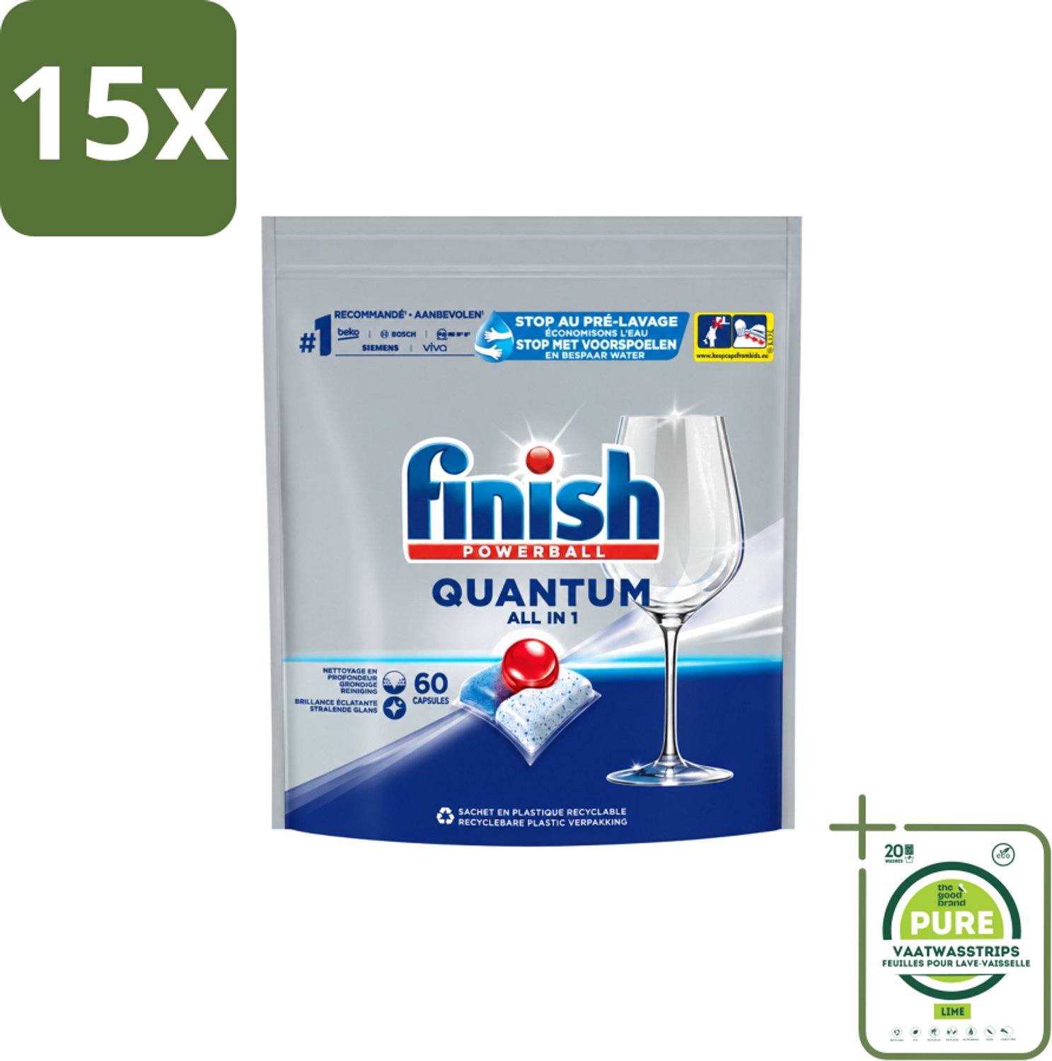 15 x Finish – Vaatwastabletten – Quantum All-in-1 – 60 Capsules - Grootverpakking - Vaatwasstrips - Vaatwastabletten - Vaatwassen - Reiniging - Glans - Vet Verwijderen