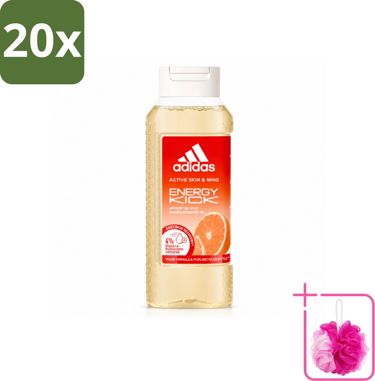 20 x Adidas – Douchegel – Active Skin & Mind Energy Kick – 250 ml - Bulkverpakking - Energie - Douchemop - Sport