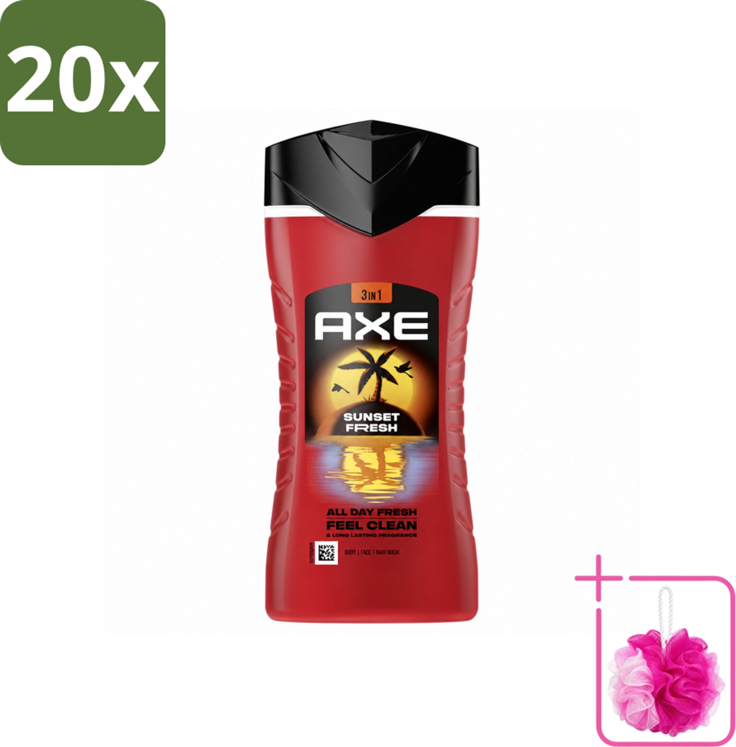 20 x Axe – Douchegel 3-in-1 – Sunset Fresh – 250 ml - Bulkverpakking - Douchegel - Douchemop - Frisheid