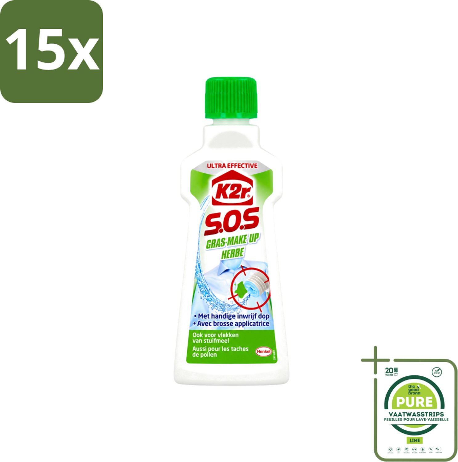 15 x K2R - SOS Vlekverwijderaar - Gras & Make-up - 50ml - Grootverpakking - Vaatwasstrips - Vlekverwijderaar - Grasvlek - Make-upvlek - Textielverwijderaar - Vlekken Verwijderen