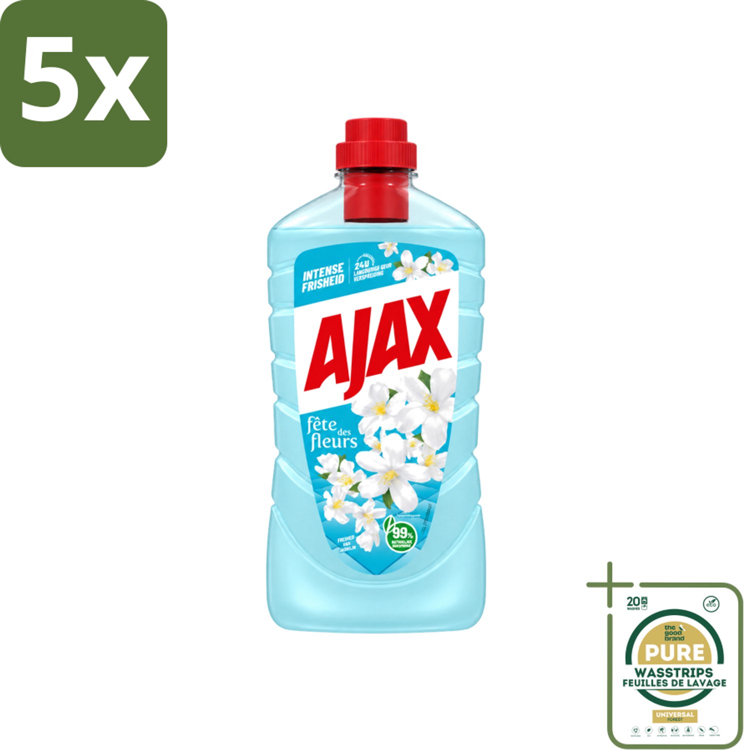 5 x Ajax – Allesreiniger – Jasmijn - 1000 ml - Wasstrips - Allesreiniger - Jasmijngeur - Schoonmaken - Vloer Reinigen - Keuken Reinigen