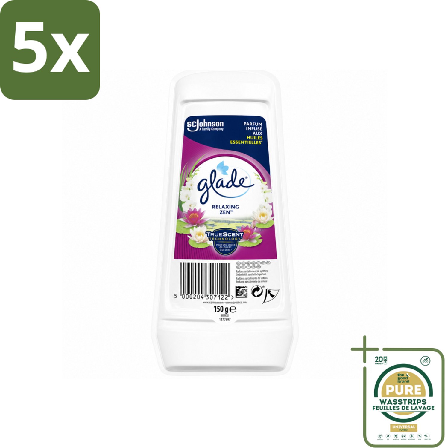 5 x Glade – Luchtverfrisser Gel – Relaxing Zen – 150 g - Wasstrips - Luchtverfrisser Gel - Ontspannende Geur - Geur Neutraliseren - Langdurige Frisheid - Essentiële Oliën