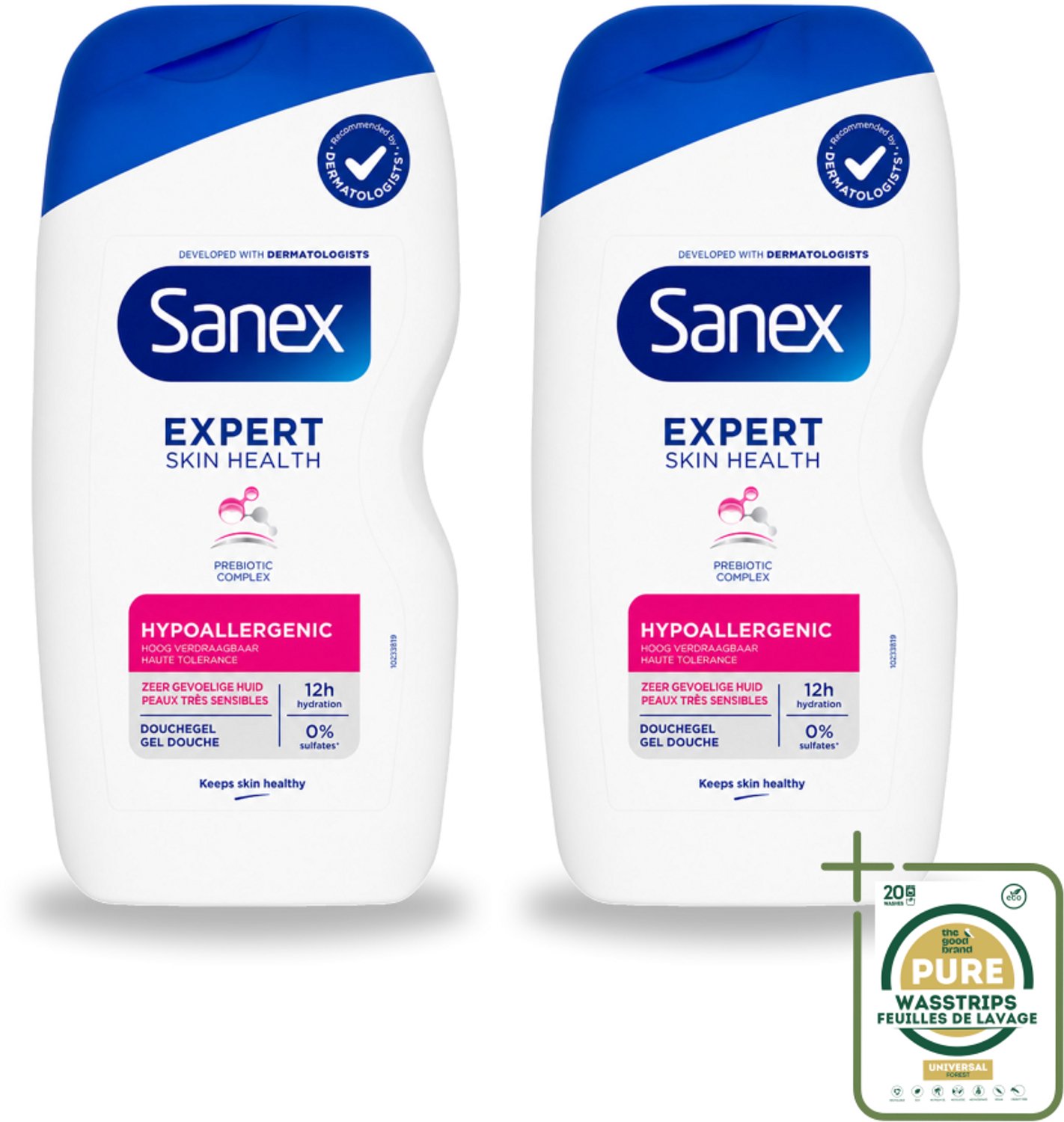 2 x Sanex – Douchegel – Expert Skin Health Hypoallergeen – 400 ml - Wasstrips - Douchegel Hypoallergenisch - Gevoelige Huid - Huidbarrière - Hydraterend - Pre- En Postbiotica