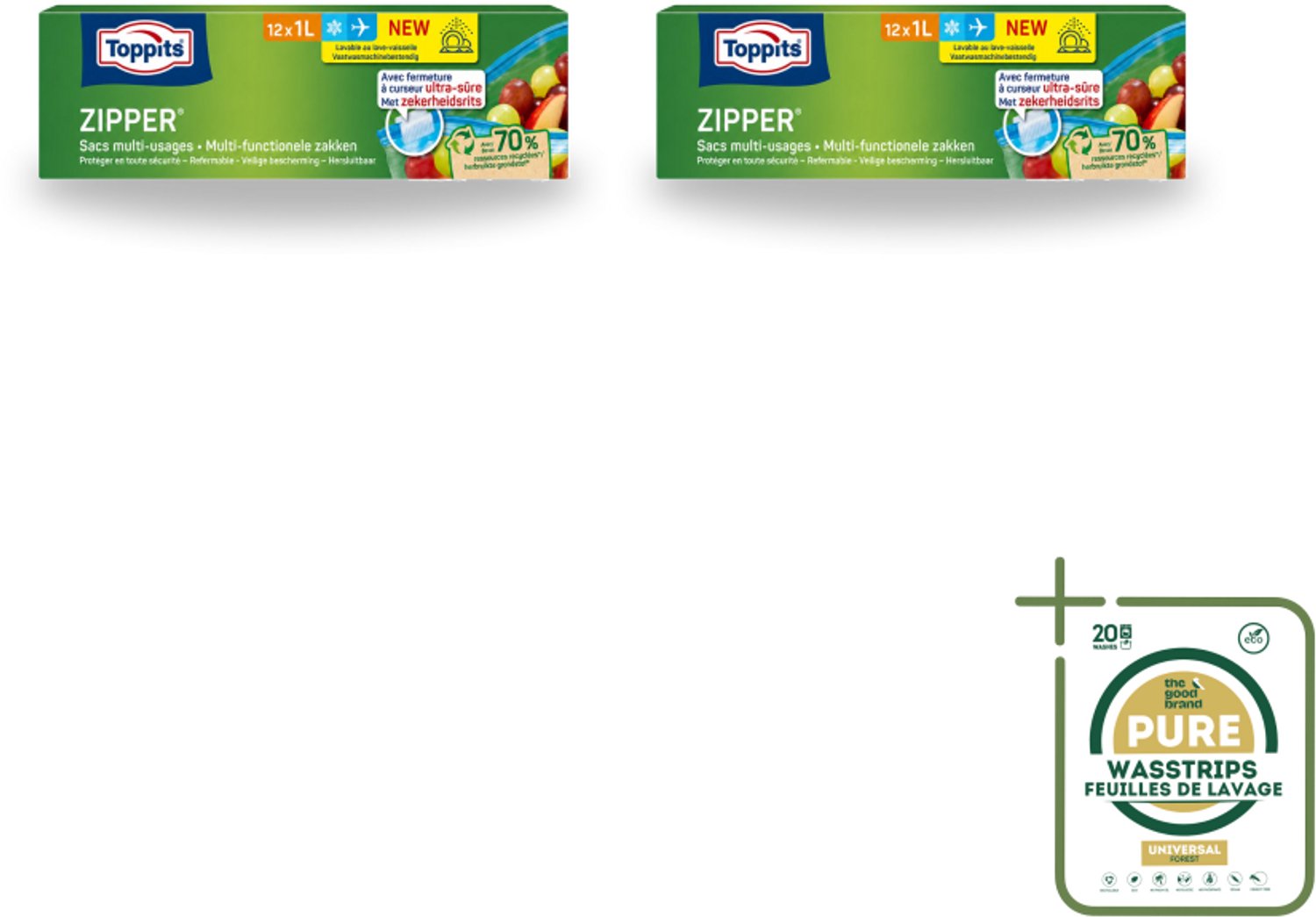 2 x Toppits – Zipper Multifunctionele Zakken – 1 Liter – 12 Zakjes - Wasstrips - Zipper Zakken - Voedsel Bewaren - Restjes Bewaren - Snacks - Marinade