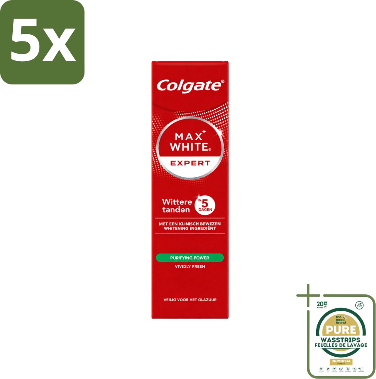 5 x Colgate – Max White Expert Purifying Power – Tandpasta – 75 ml - Wasstrips - Witte Tanden - Tandpasta - Whitening - Waterstofperoxide - Vlekken Verwijderen