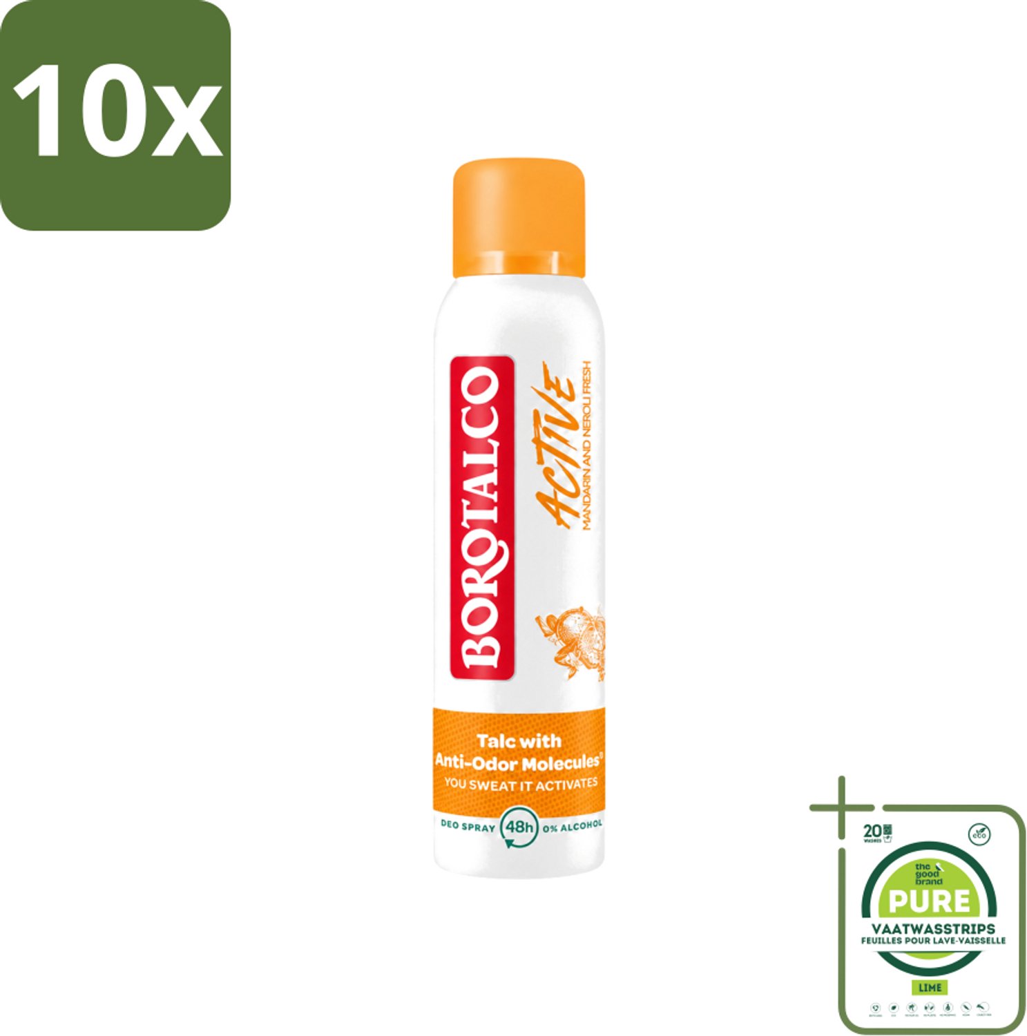 10 x Borotalco - Deodorant Spray - Active - Mandarin & Neroli Fresh - 0% Alcohol - 150 ml - Grootverpakking - Vaatwasstrips - Deodorant Spray - Mandarijn En Neroli - Geur - Transpiratie - Geurvervoeging