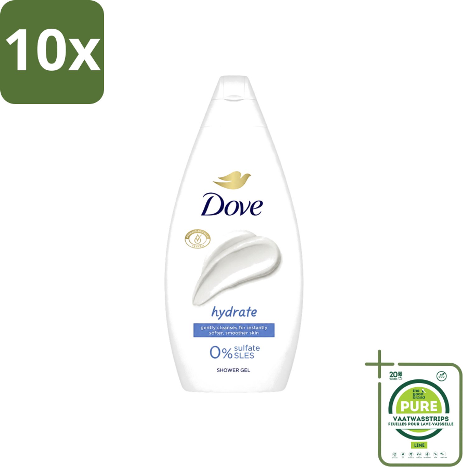 10 x Dove Hydrate - Douchegel - Sulfaatvrij - 250 ml - Grootverpakking - Vaatwasstrips - Hydraterende Douchegel - Sulfaatvrije Douchegel - Zachte Huid - Huidverzorging - Huidhydratatie