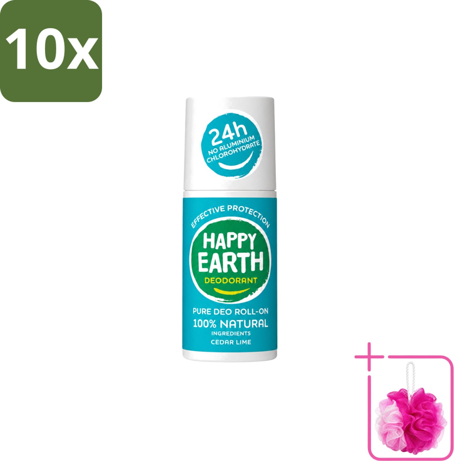 10 x Happy Earth – Deodorant Roll-On – 100% Natuurlijk Cedar Lime – 75 ml - Bulkverpakking - Deodorant - Douchemop - Natuurlijke deodorant