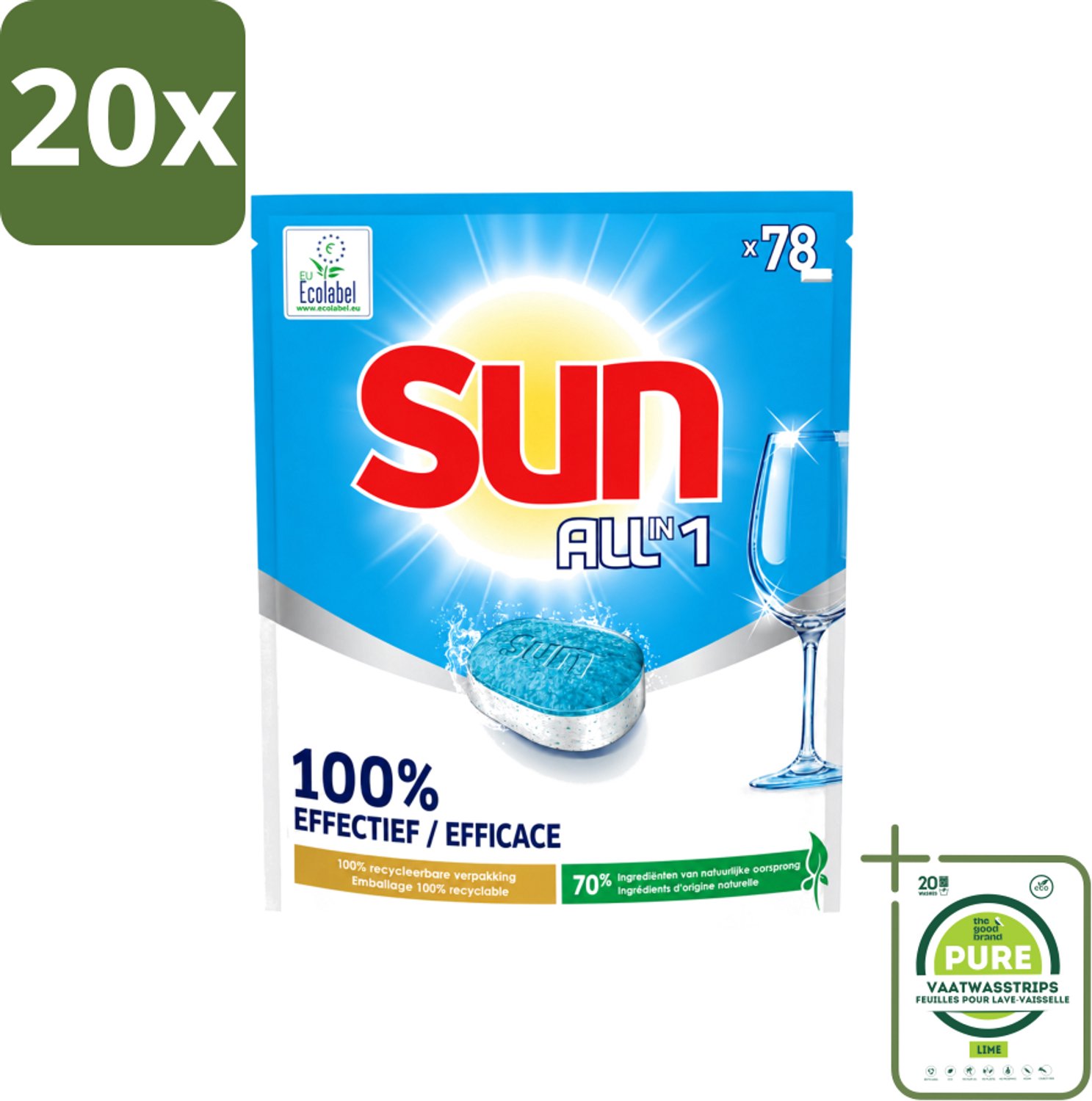 20 x Sun All-in-1 - Eco Label - Vaatwastabletten - 78 Tabletten - Grootverpakking - Vaatwasstrips - Vaatwastabletten - Milieuvriendelijke Vaatwas - Eco Label - Vaatwasser Tabletten - Vet Verwijderen