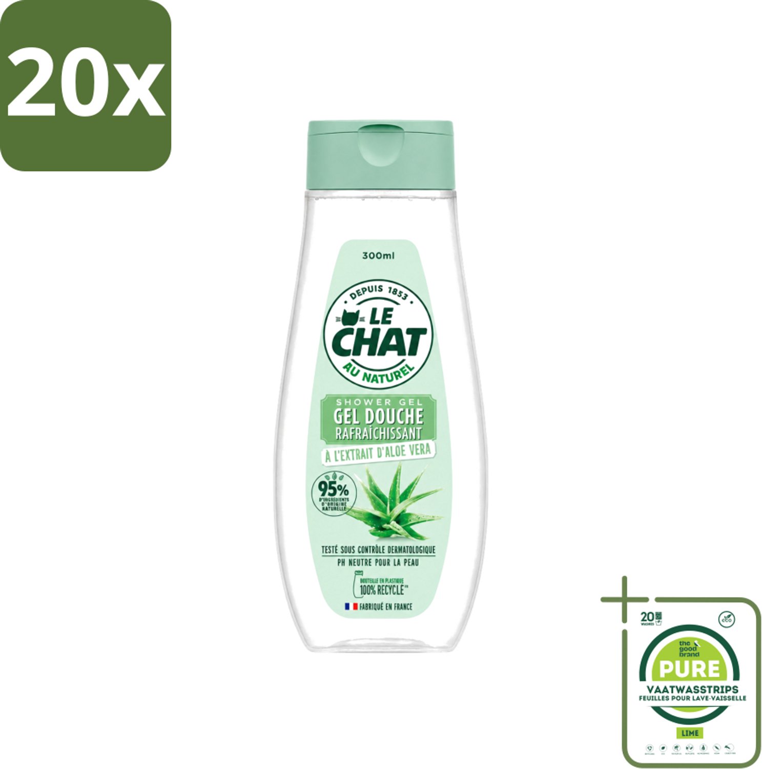 20 x Le Chat - Douchegel - PH Neutraal - Met Extract Van Aloë Vera - Verfrissend - 300 ml - Grootverpakking - Vaatwasstrips - Douchegel Aloë Vera - Frisheid Huid - PH Neutraal - Huidverzorging - Dagelijks Gebruik