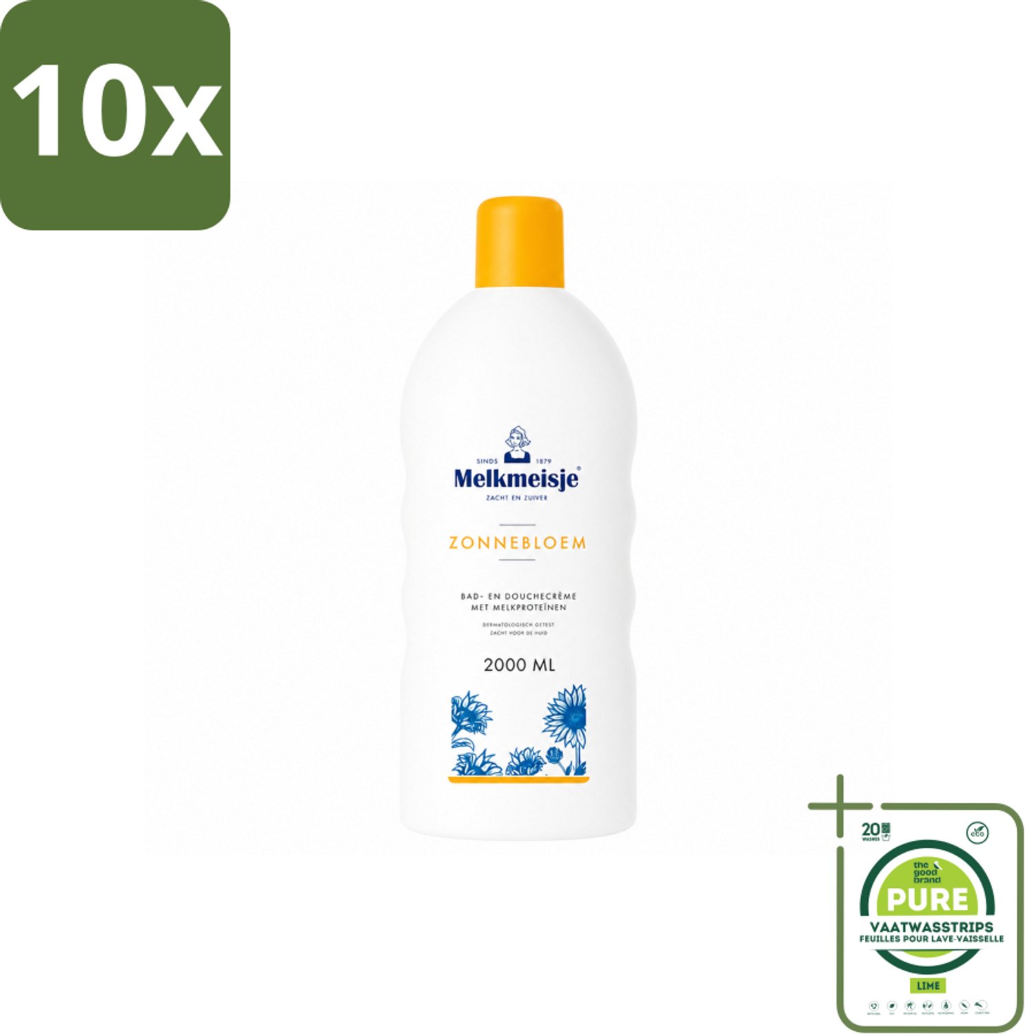 10 x Melkmeisje – Bad & Douchecrème – Zonnebloem – 2000 ml - Grootverpakking - Vaatwasstrips - Bad En Douche Crème - Zonnebloem En Melk - Huid Verzorging - Zachte Crème - Frisse Geur