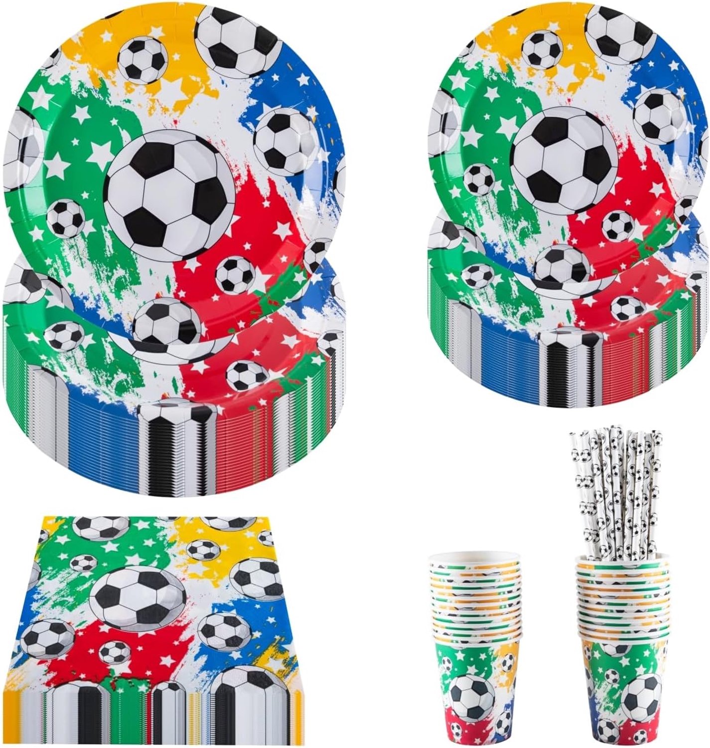 25-Guests Voetbal Party Borden Cups en Servetten Set, Inclusief Papieren Borden (7 & 9 inch), Bekers, Servetten, Rietjes, Ideaal voor World Cup, Verjaardag, Sport Thema Party