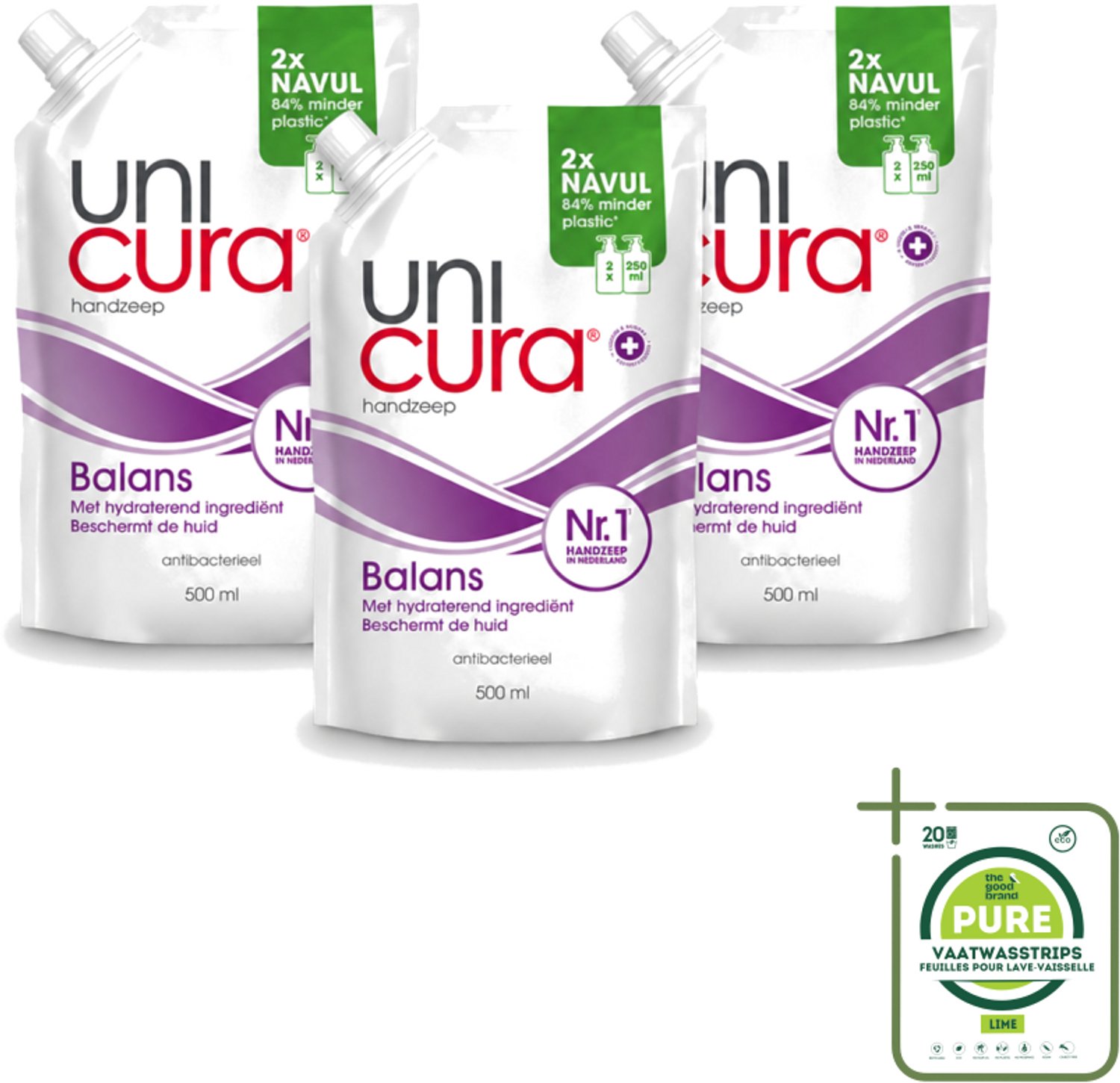3 x Unicura – Vloeibare Handzeep Navulling – Balans – 500 ml - Grootverpakking - Vaatwasstrips - Handzeep - Antibacterieel - Zeepnavulling - Huidbescherming - Handen Reinigen