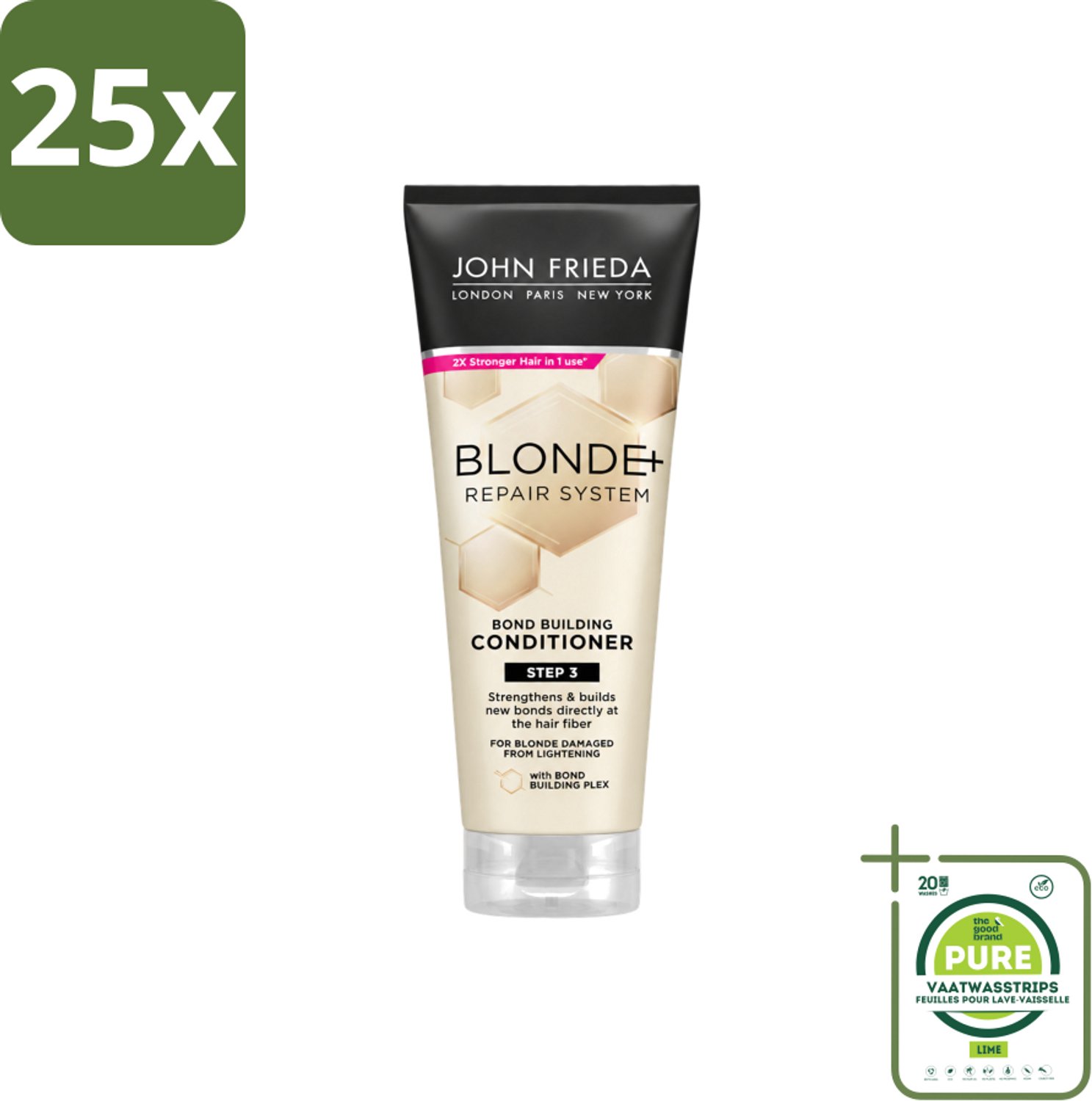 25 x John Frieda – Conditioner – Blonde+ Repair Bond Building – Herstellend – 250 ml - Grootverpakking - Vaatwasstrips - Herstel Blond Haar - Beschadigd Haar - Opgelicht Haar - Haarverbindingen - Haarversterking