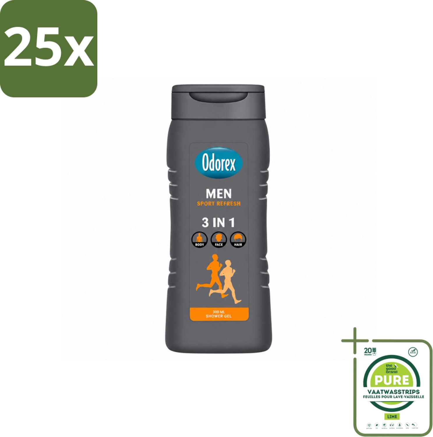 25 x Odorex – Douchegel – For Men Sport Refresh – 300 ml - Grootverpakking - Vaatwasstrips - Douchegel Voor Mannen - Sportieve Douchegel - Frisse Douchegel - Citrusgeur - Verfrissend Douchegel