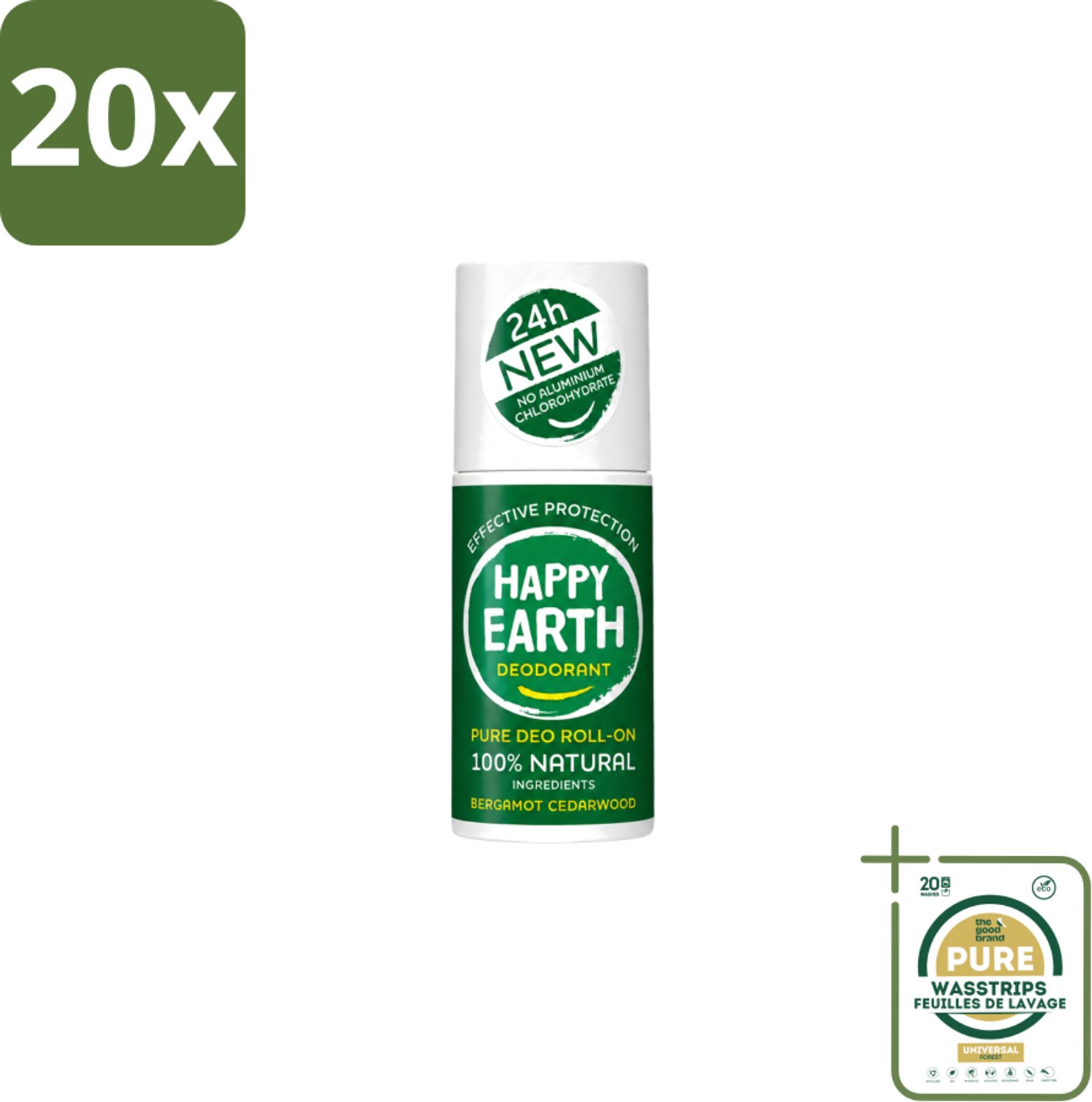 20 x Happy Earth – Deodorant Roll-On – 100% Natuurlijk Bergamot Cedarwood – 75 ml - Wasstrips - Natuurlijke Deodorant - Bergamot - Cederhout - Roll-on Deodorant - 24 Uur Geurbeleid