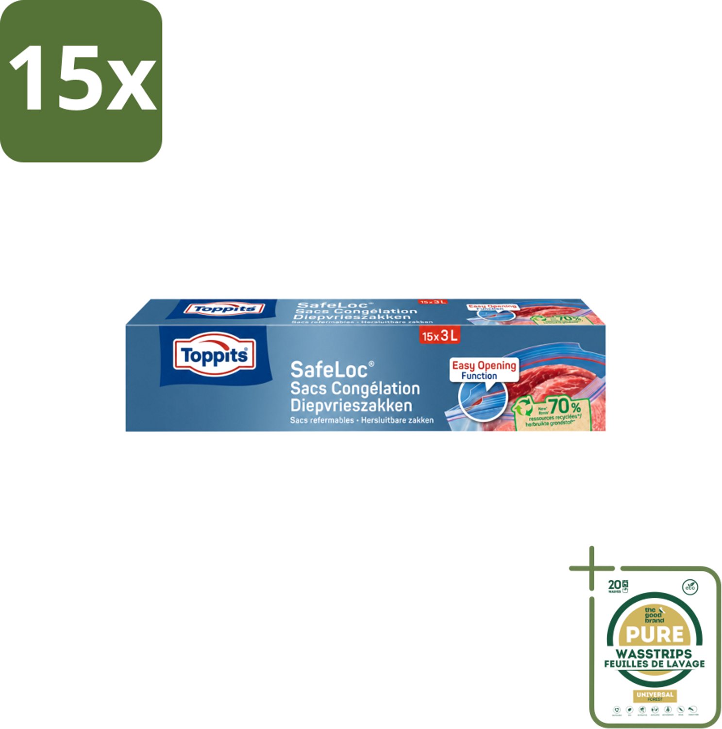 15 x Toppits – Safeloc Zip-Diepvrieszakken – 3 Liter – 15 Zakjes - Wasstrips - Diepvrieszakken - Dubbele Sluiting - Voedselbescherming - Herbruikbaar - Vriesbrand