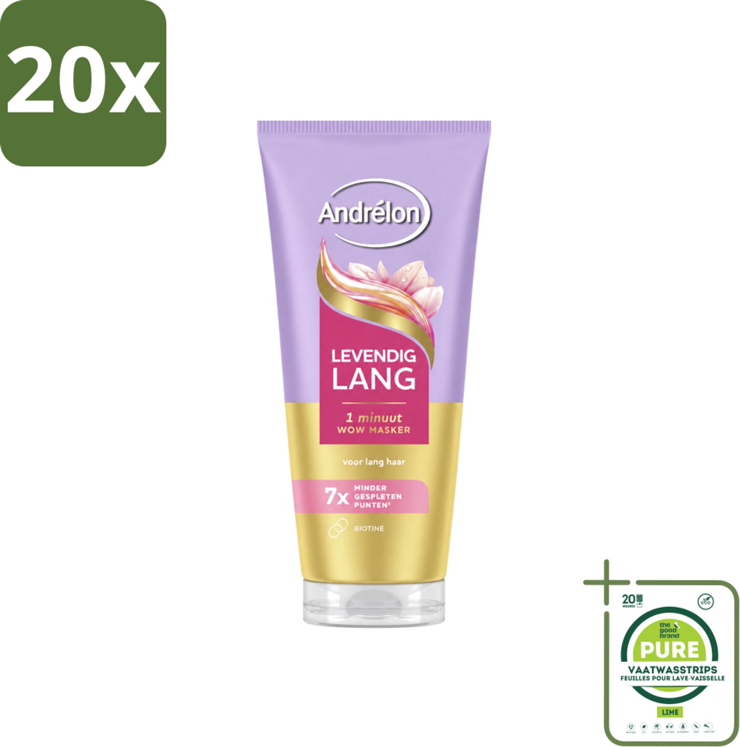20 x Andrélon – Haarmasker WOW – Levendig Lang – 180 ml - Grootverpakking - Vaatwasstrips - Haarmasker - Lang Haar - Gespleten Punten - Haarversterking - Biotine