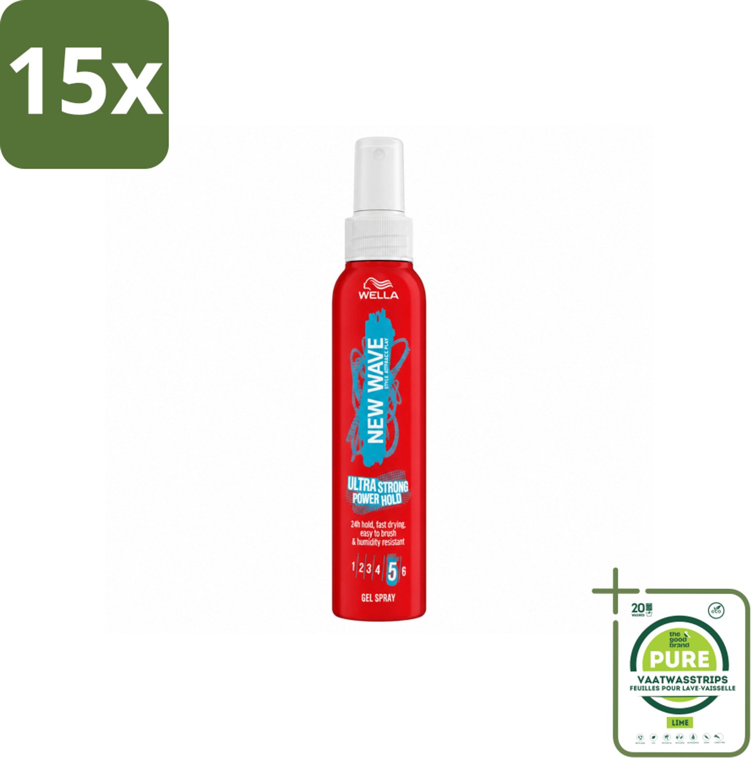15 x Wella – New Wave Power Hold – Gelspray – 150 ml - Grootverpakking - Vaatwasstrips - Kapsel Stylen - Krachtige Hold - Styling Spray - Haar Fixeren - Gedefinieerde Kapsel