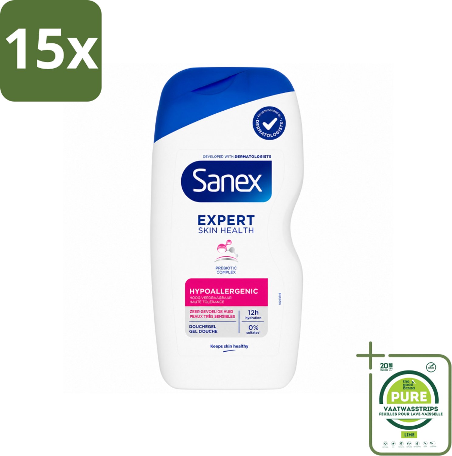 15 x Sanex – Douchegel – Expert Skin Health Hypoallergeen – 400 ml - Grootverpakking - Vaatwasstrips - Gevoelige Huid - Hypoallergenisch - Douchegel - Huidbarrière - Pre- En Postbiotica