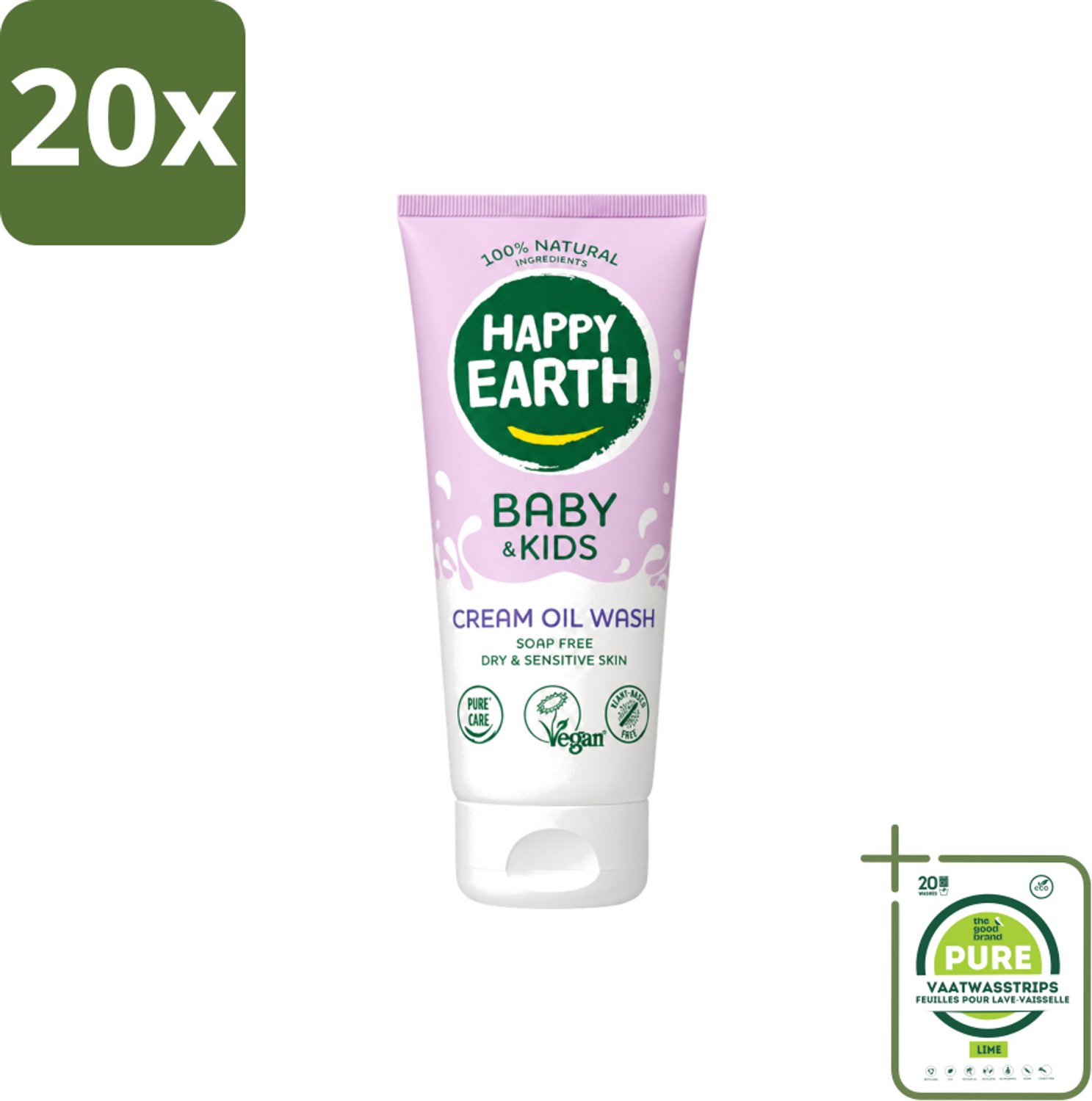 20 x Happy Earth – Cream Oil Wash – 100% Natuurlijk Baby & Kids – 200 ml - Grootverpakking - Vaatwasstrips - Babyolie - Gezichtsolie - Lichaamsoil - Natuurlijke Babyolie - Gezicht En Lichaam Verzorging