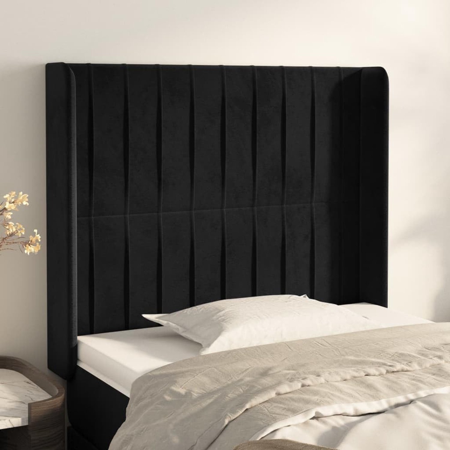 Hoofdeinde met oren in zwart fluweel, 93 x 16 x 118/128 cm, in hoogte verstelbaar met stabiele houten poten voor uitstekende ondersteuning en luxe comfort