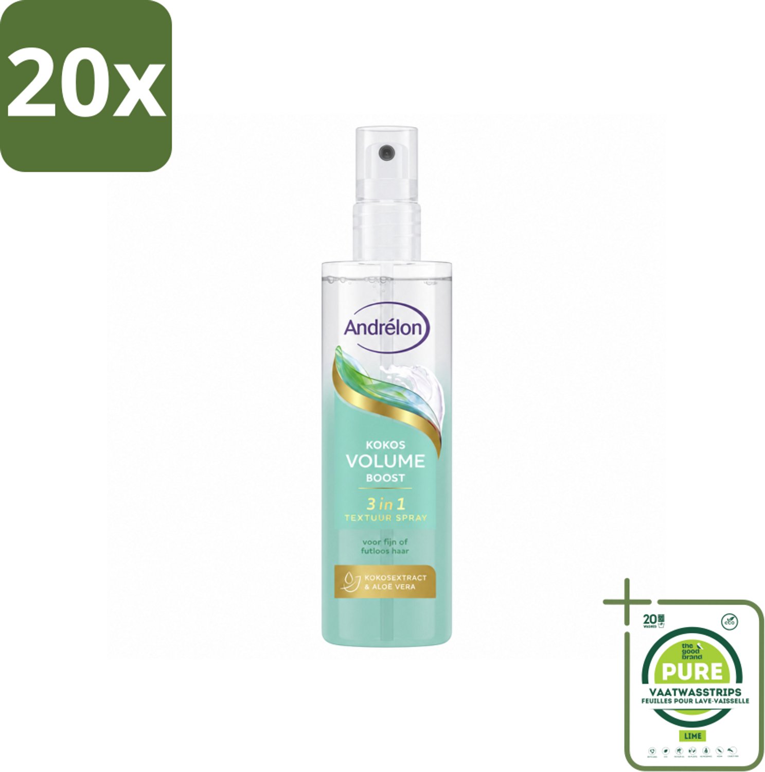 20 x Andrélon – Textuur Spray 3-in-1 – Kokos Volume Boost – 150 ml - Grootverpakking - Vaatwasstrips - Haar Volume - Haar Structuur - Haar Glans - Textuur Spray - Kokos Volume