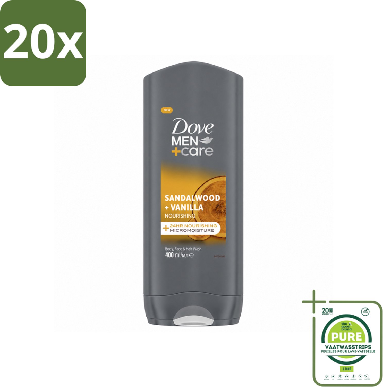 20 x Dove – Douchegel – Men+Care Sandalwood & Vanilla – 400 ml - Grootverpakking - Vaatwasstrips - Douchegel Mannen - Reiniging Mannenhuid - Hydraterende Douchegel - Sandelhout Geur - Vanille Geur
