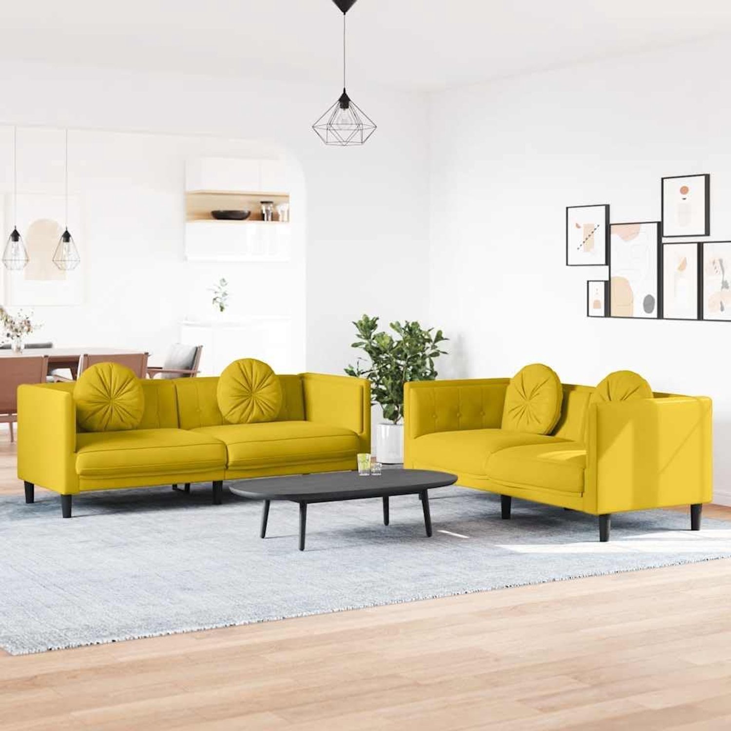 2-delig. Bankset met kussen geel fluweel, zachte velours, comfortabele bekleding, ronde sierkussens, stabiele steunpoten, modern design voor woonkamer