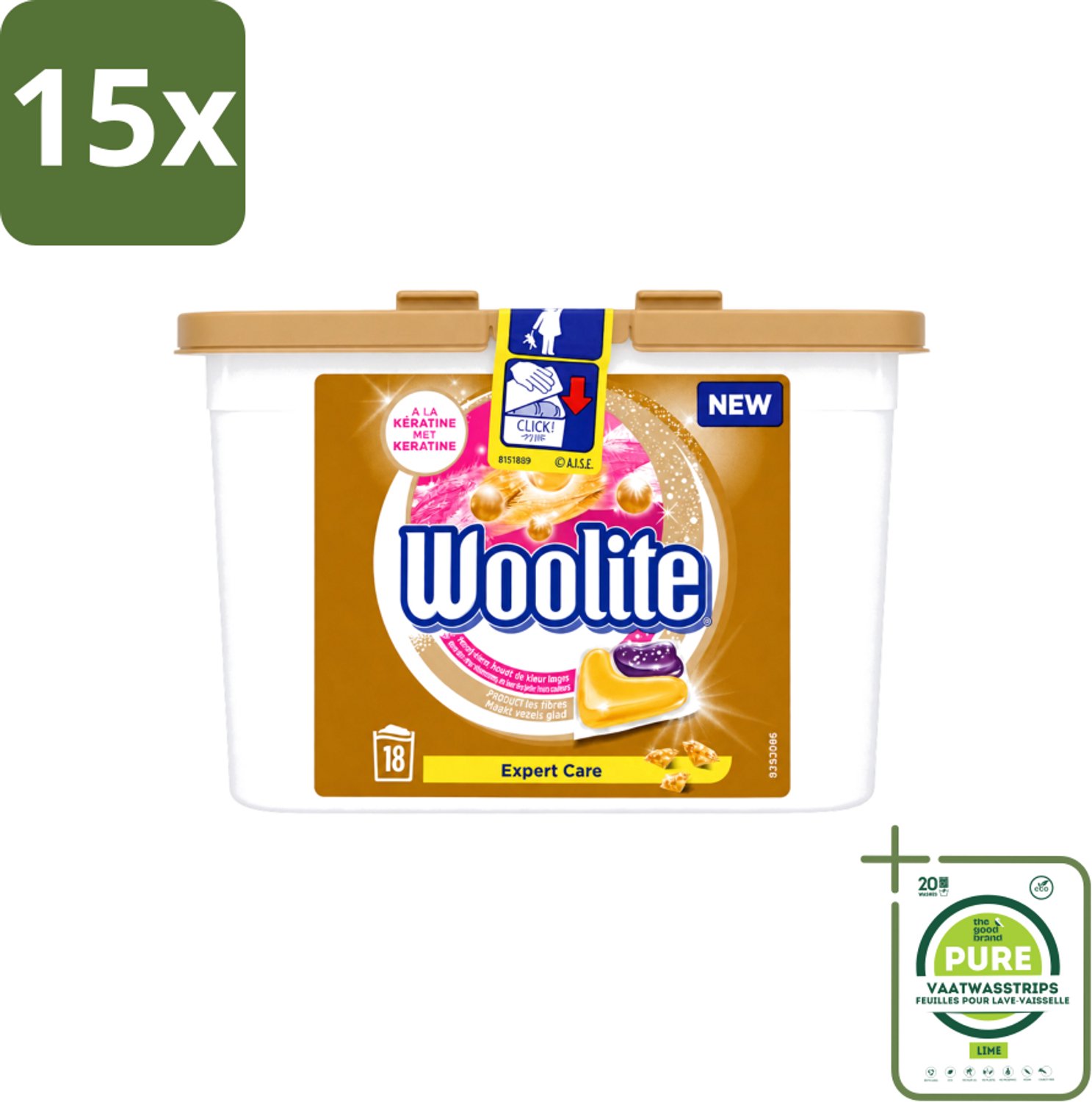 15 x Woolite Expert Care - Wasmiddelcapsules - Met Keratine - Delicate Was - 18 Wasbeurten - Grootverpakking - Vaatwasstrips - Delicate Was - Keratine Wasmiddel - Wasmiddel Voor Zijde - Wasmiddel Voor Wol - Wasmiddel Voor Lingerie