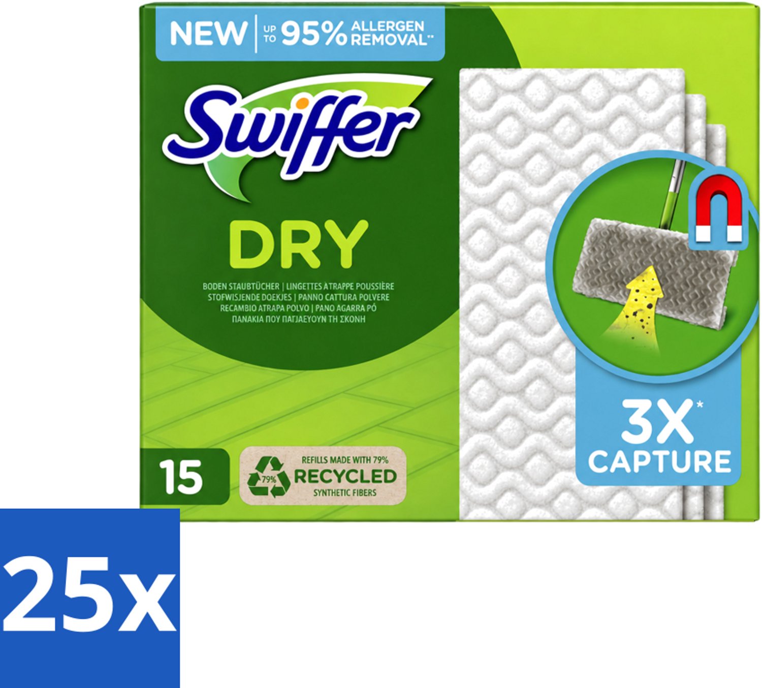 25 x Swiffer Dry - Vloerdoekjes - Navulling - Gerecyclede Fibers - 15 Doekjes - Voordeelverpakking - 25 stuks