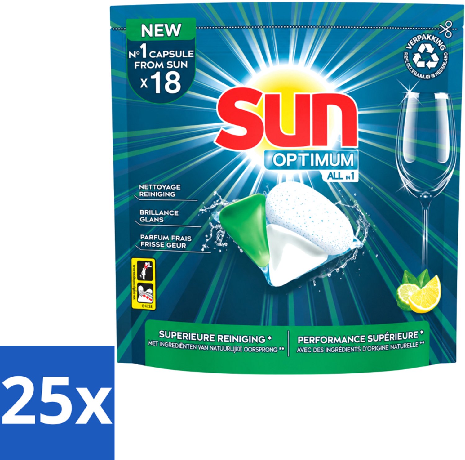 25 x Sun Optimum - All-in-1 - Vaatwasmiddel - Capsules - Citroen - 18 Capsules - Voordeelverpakking - 25 stuks