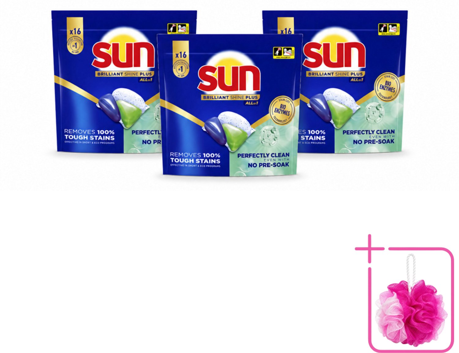 3 x Sun – Vaatwascapsules – Brilliant Shine+ All-in-1 – 16 capsules - Bulkverpakking - Vaatwasmiddel - Douchemop - Vaatwascapsules