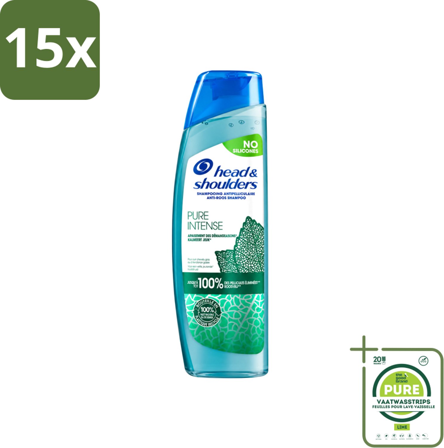 15 x Head & Shoulders – Shampoo – Pure Intense Kalmeert Jeuk – 250 ml - Grootverpakking - Vaatwasstrips - Anti-roos Shampoo - Shampoo Bij Jeukende Hoofdhuid - Pepermunt Shampoo - Siliconenvrije Shampoo - Roosvrije Shampoo