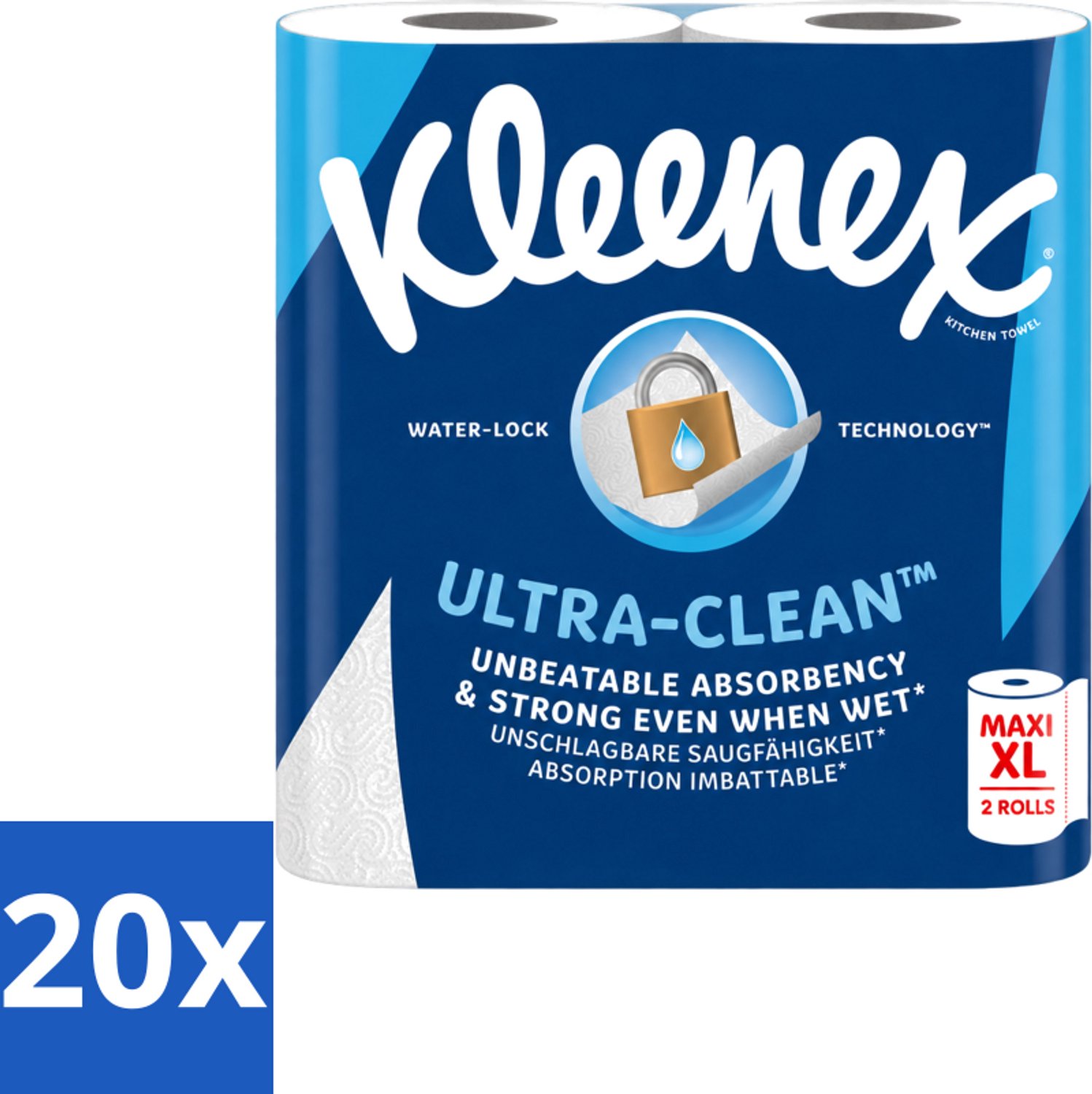20 x Kleenex - Keukenpapier - Ultra Clean - Maxi XL - Absorberend - 2 Rollen - Voordeelverpakking - 20 stuks