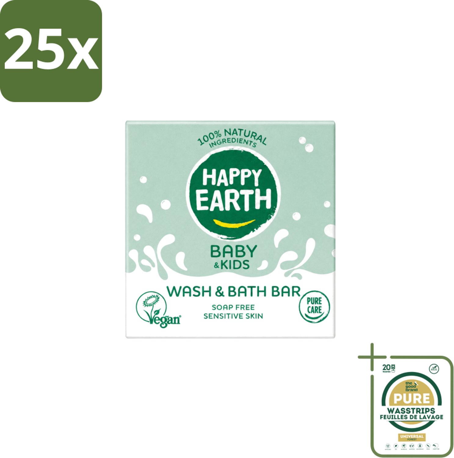 25 x Happy Earth – Wash & Bath Bar – 100% Natuurlijk Baby & Kids – 50 g - Wasstrips - Baby Wasbar - Natuurlijke Wasbar - Baby Badbar - Gevoelige Huid Verzorging - Zeepvrije Wasbar