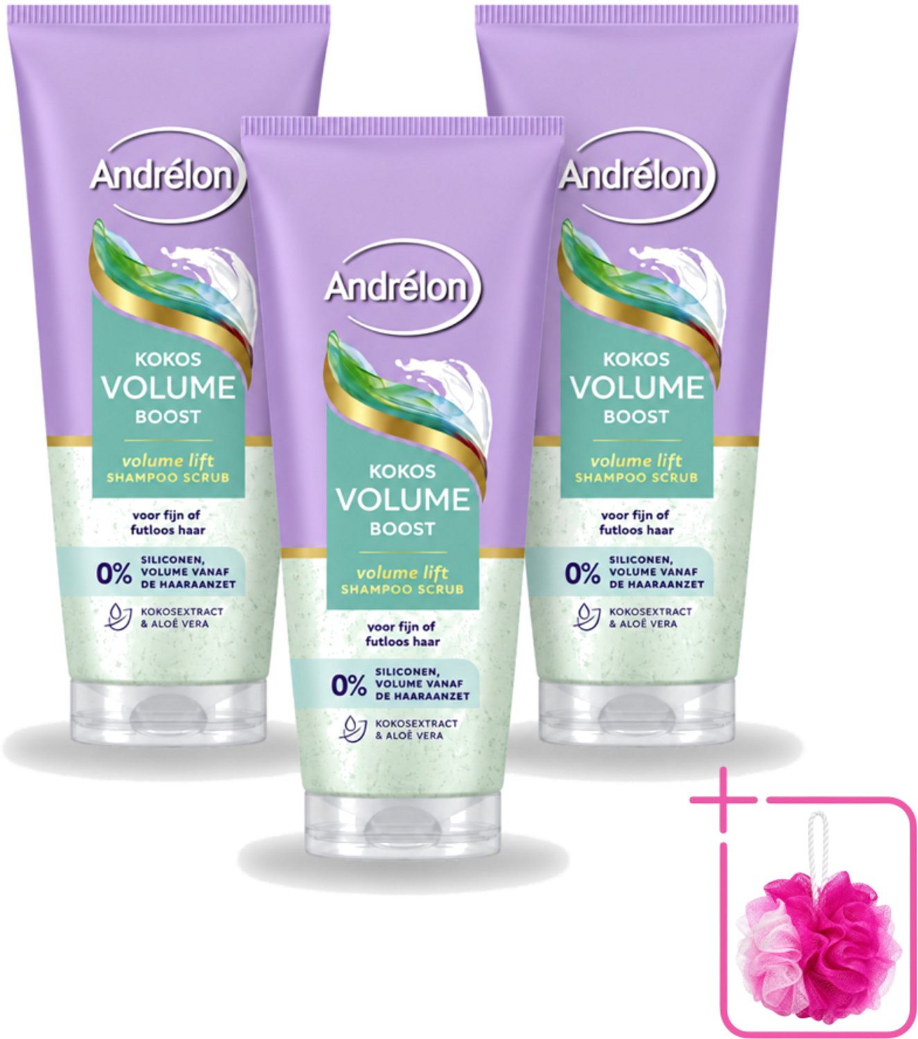 3 x Andrélon – Shampoo Scrub – Kokos Volume Boost – 200 ml - Bulkverpakking - Haarkleur - Douchemop - Haartype