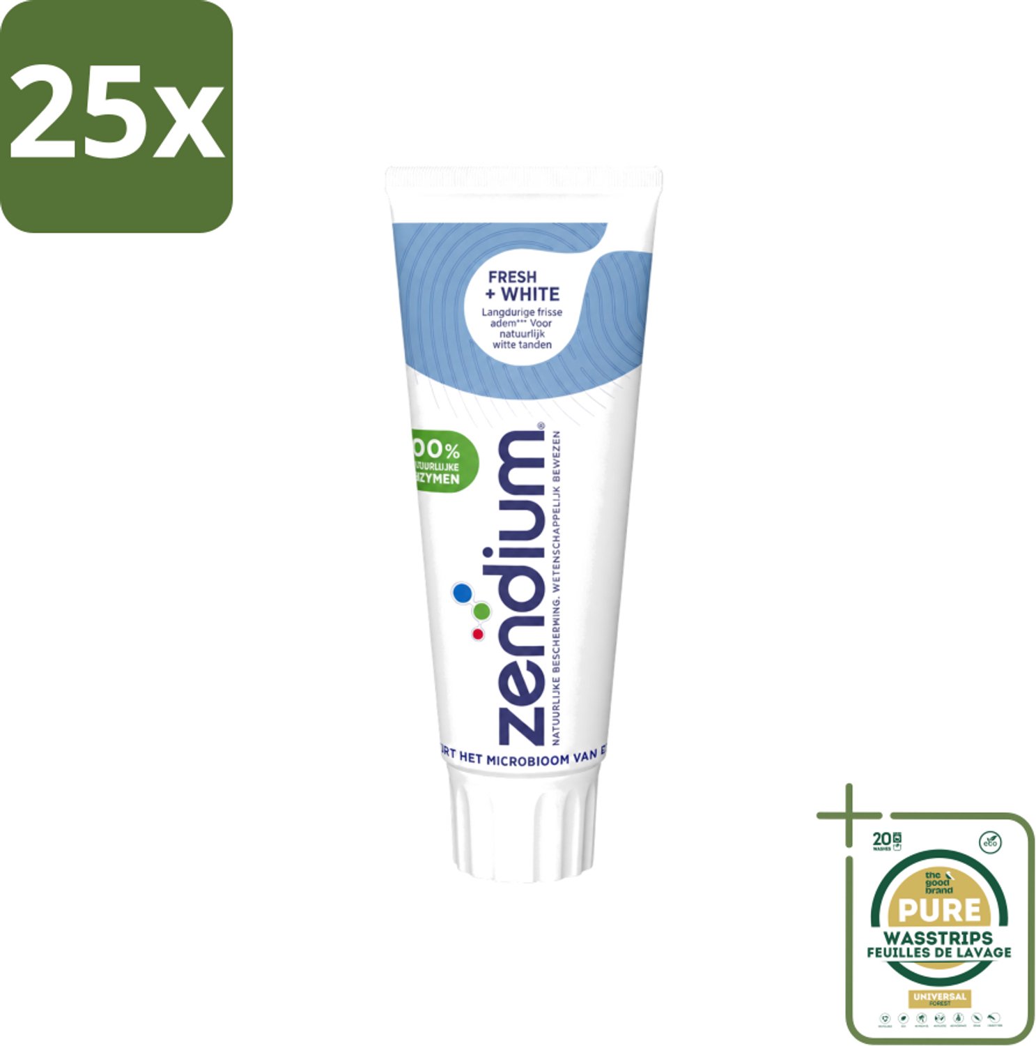 25 x Zendium - Tandpasta - Fresh+ White - 75 ml - Wasstrips - Tandpasta - Frisse Adem - Witte Tanden - Natuurlijke Tandpasta - Fluoride