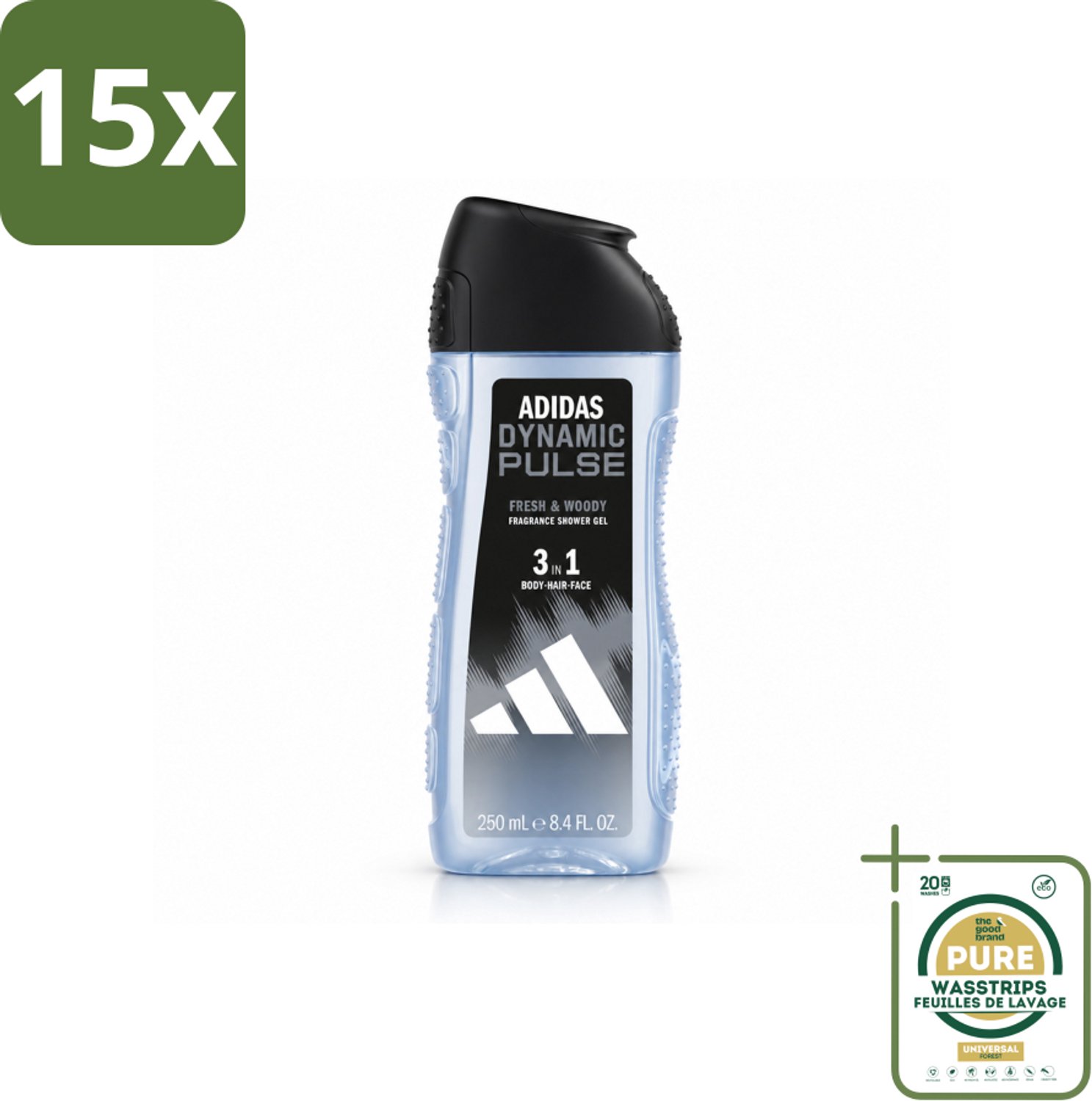 15 x Adidas – Douchegel 3-in-1 – Dynamic Pulse – 250 ml - Wasstrips - Douchegel - Sportieve Douchegel - Frisse Muntgeur - Energie Boost - Huidverzorging