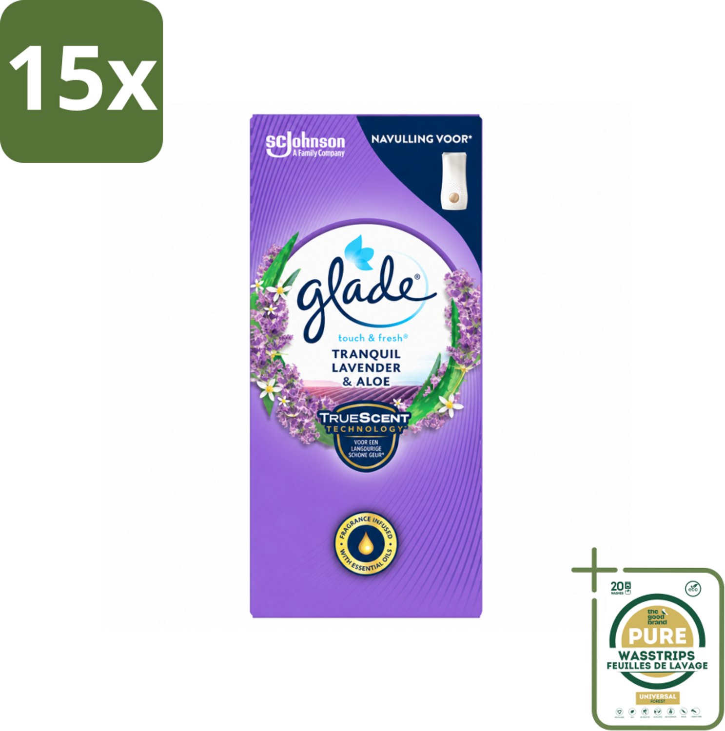 15 x Glade – Touch & Fresh Navulling – Tranquil Lavender & Aloe – 10 ml - Wasstrips - Luchtverfrisser - Lavendel Geur - Aloe Vera - Rustgevende Geur - Geurboost