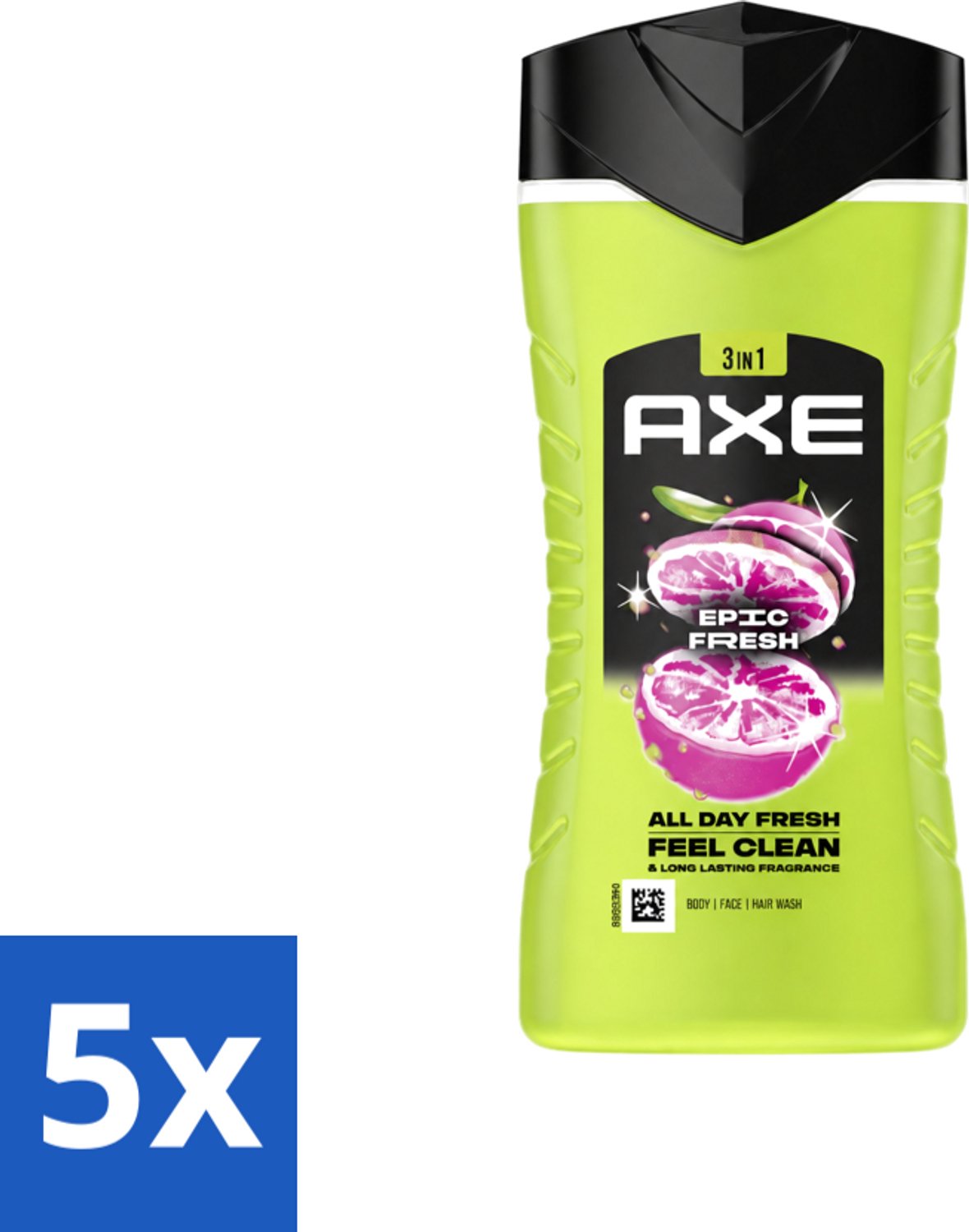 5 x Axe - 3-in-1 Douchegel - Epic Fresh - Grapefruit & Tropical Pineapple - Fresh Boost - 250 ml - Voordeelverpakking - 5 stuks