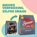 Vergelijking van oude en nieuwe Senseo Espresso verpakking met de tekst 'Nieuwe verpakking, zelfde smaak'.