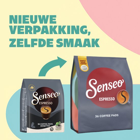 Vergelijking van oude en nieuwe Senseo Espresso verpakking met de tekst 'Nieuwe verpakking, zelfde smaak'.