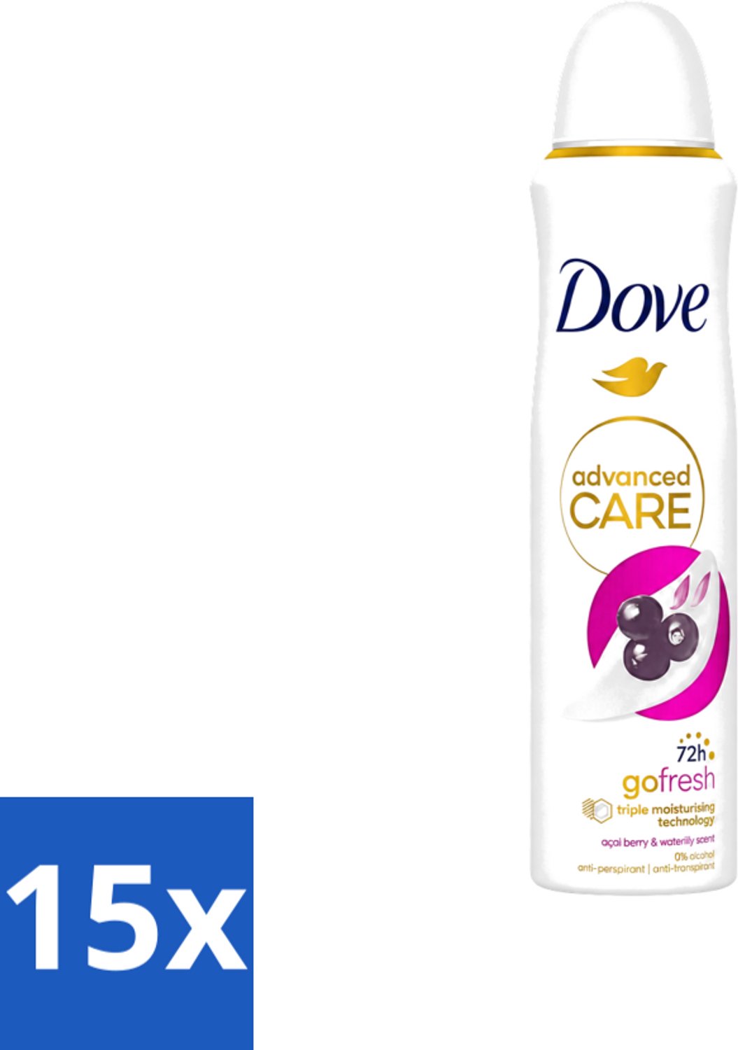 15 x Dove - Deospray - Acai Bes & Waterlelie - 150 ml - Voordeelverpakking - 15 stuks