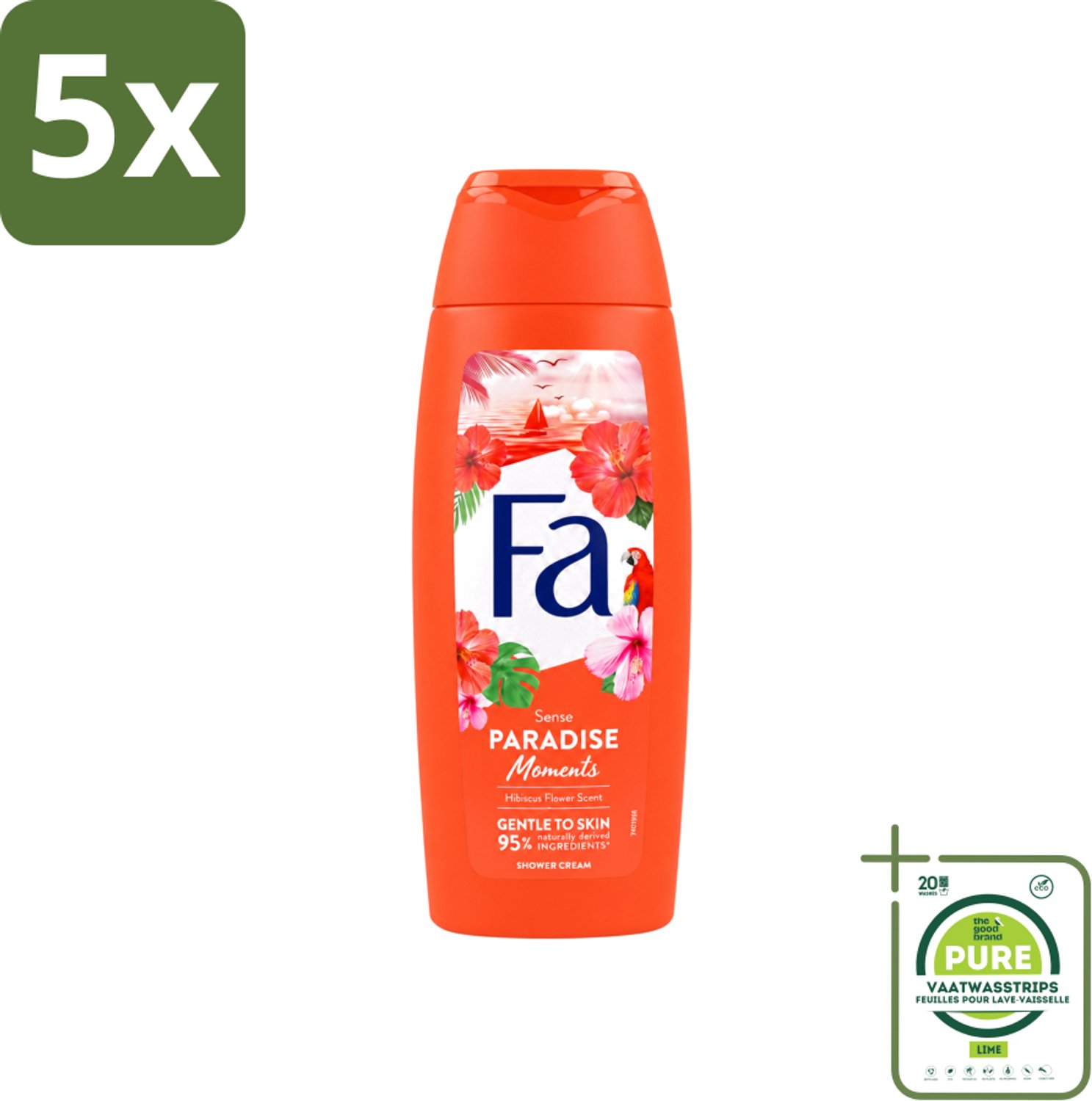 5 x Fa - Paradise Moments - Douchecrème - Hibiscusbloem - 250 ml - Grootverpakking - Vaatwasstrips - Douchecrème Hibiscusbloem - Vegan Douchecrème - Huidverzorgende Douchecrème - Hibiscusbloem Geur - Duurzame Douchecrème