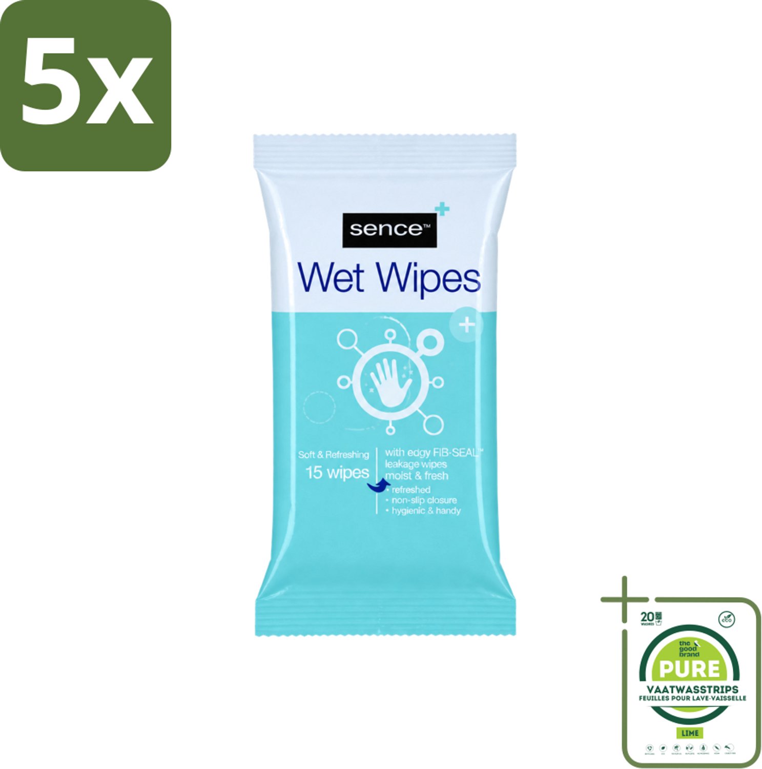 5 x Sence - Vochtige Doekjes - Hersluitbare Verpakking - 15 Doekjes - Grootverpakking - Vaatwasstrips - Vochtige Doekjes - Handdoek - Gezichtsdoek - Reinigingsdoek - Handdoek Voor Gezicht