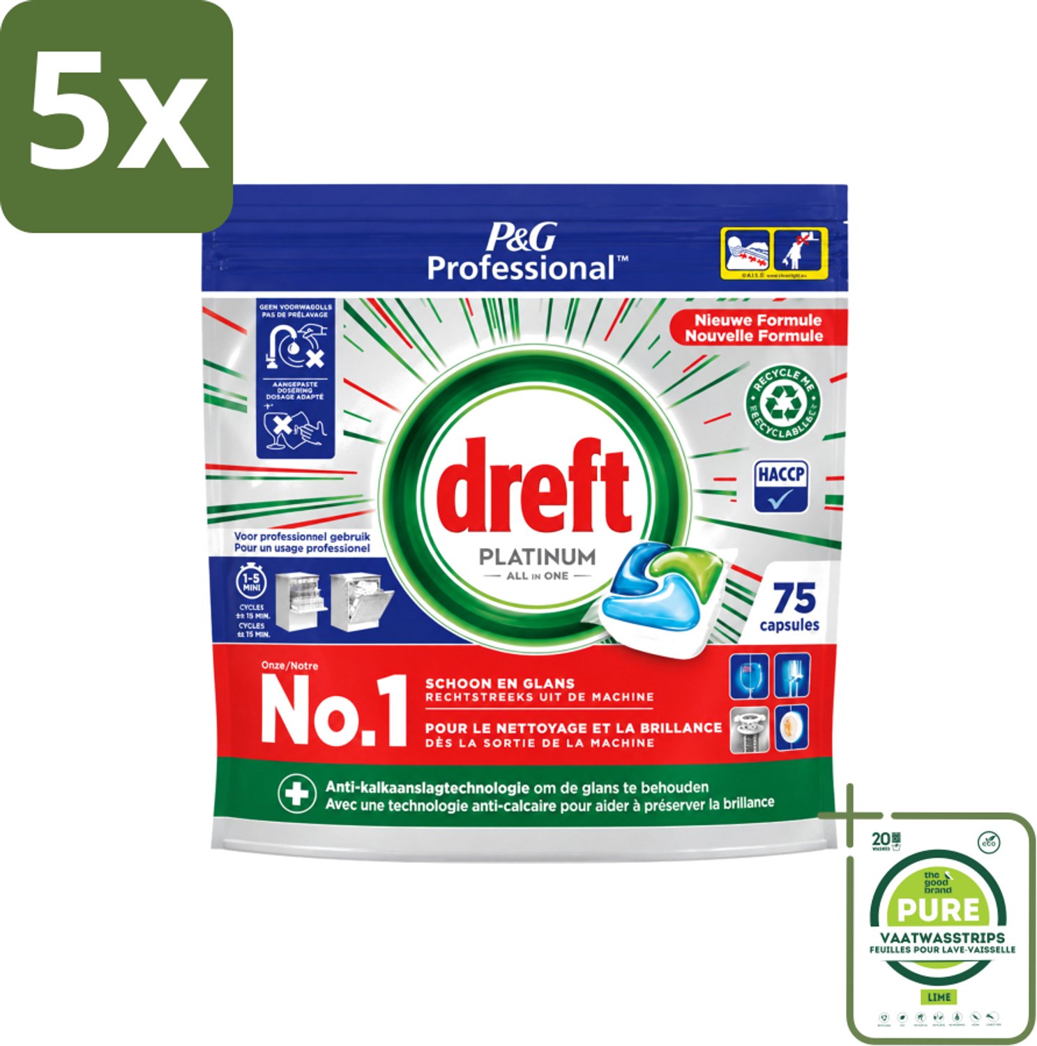 5 x Dreft Professional - Platinum - All In One - Vaatwascapsules - 75 Afwasbeurten - Grootverpakking - Vaatwasstrips - Vaatwassen - Vaatwasser Reinigen - Vaatwassen Capsules - Vaatwassen Kracht - Vaatwassen Glans