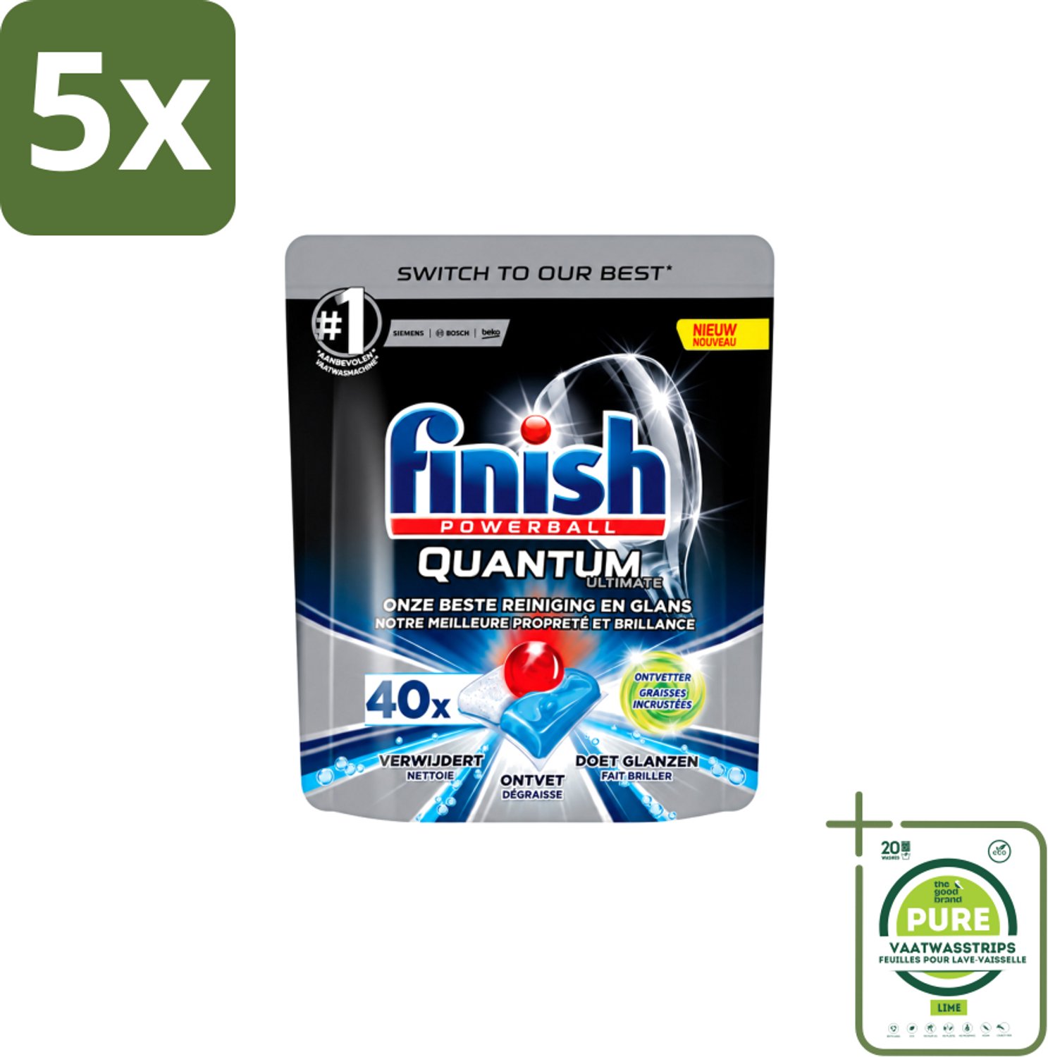 5 x Finish Powerball - Quantum Ultimate - Vaatwastabletten - Ontvetter - 40 Tabletten - Grootverpakking - Vaatwasstrips - Vaatwasmiddel - Vaatwastablet - Ontvetter - Vaatwasser - Vetverwijdering