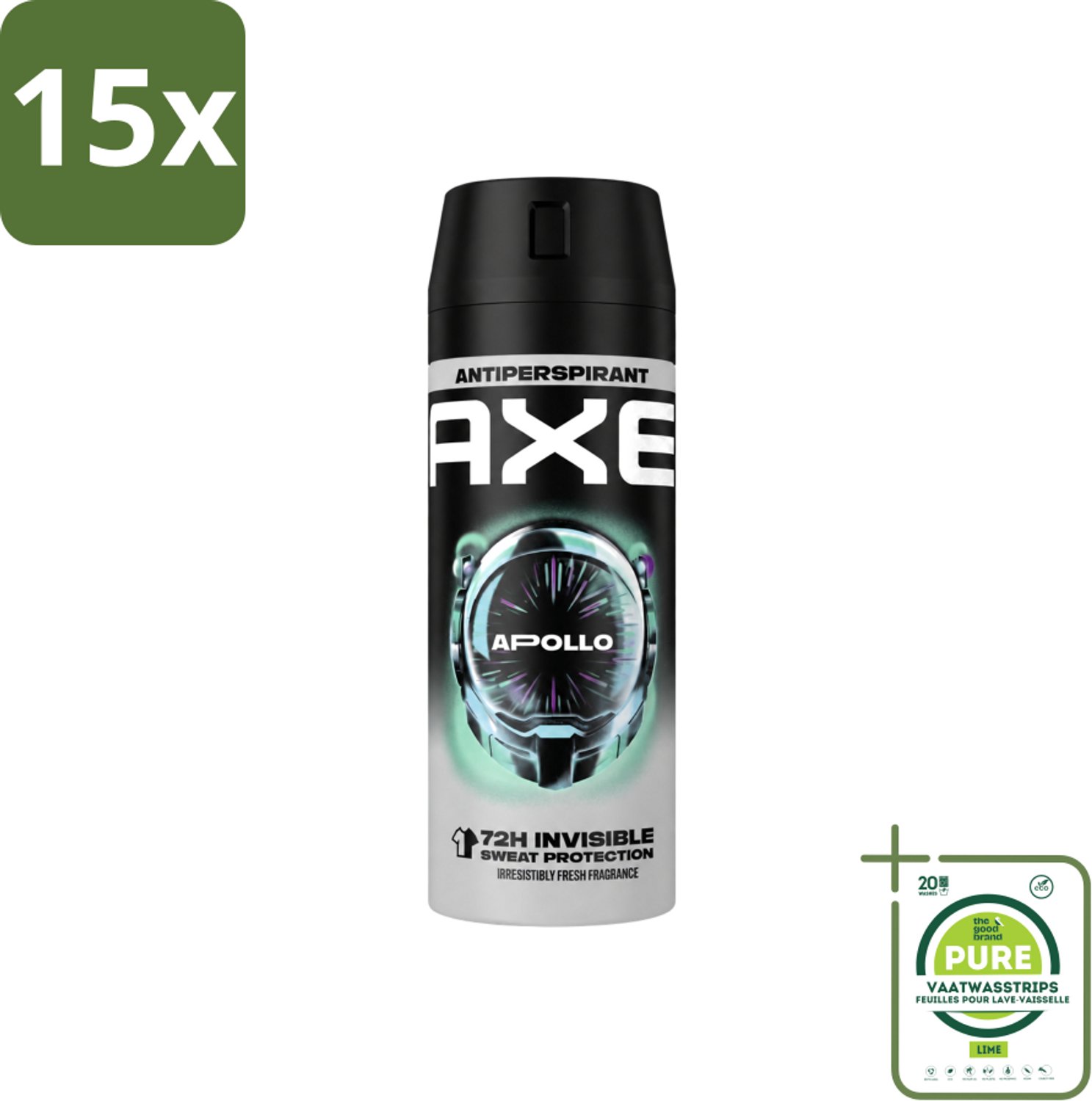 15 x Axe - Deodorant Spray - 72hrs Anti Sweat - Apollo - 150 ml - Grootverpakking - Vaatwasstrips - Anti Transpirant Spray - Zweetbestendig - 72 Uur Bescherming - Geur Groen Fruit - Geur Sandelhout