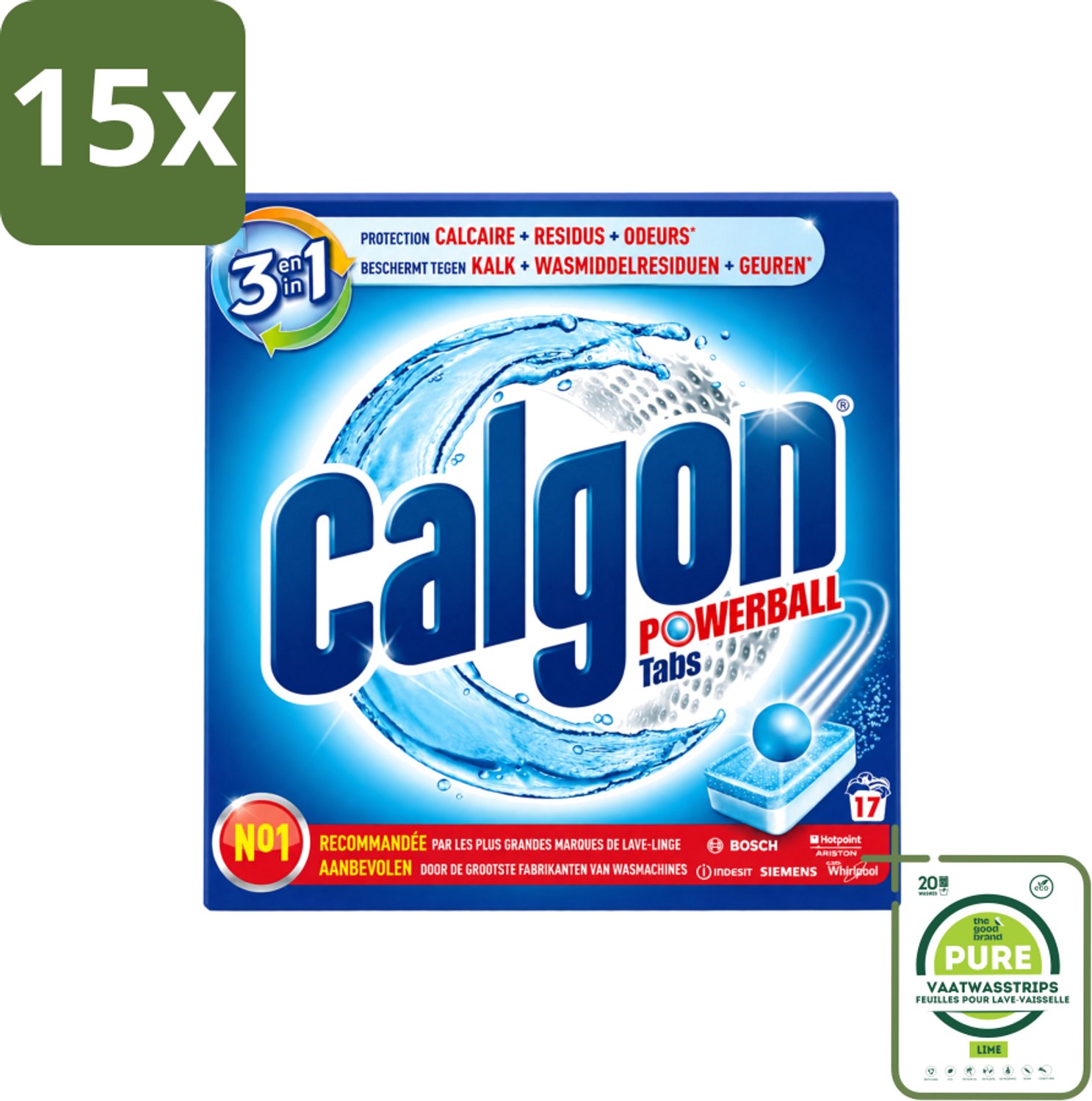 15 x Calgon - Ontkalkingsmiddel - Tegen Kalk, Wasmiddelresiduen & Geuren - 17 Tabletten - Grootverpakking - Vaatwasstrips - Ontkalken Wasmachine - Kalkvoorkomen - Wasmiddelresiduen - Geuren Bestrijden - Wasmachine Onderhoud